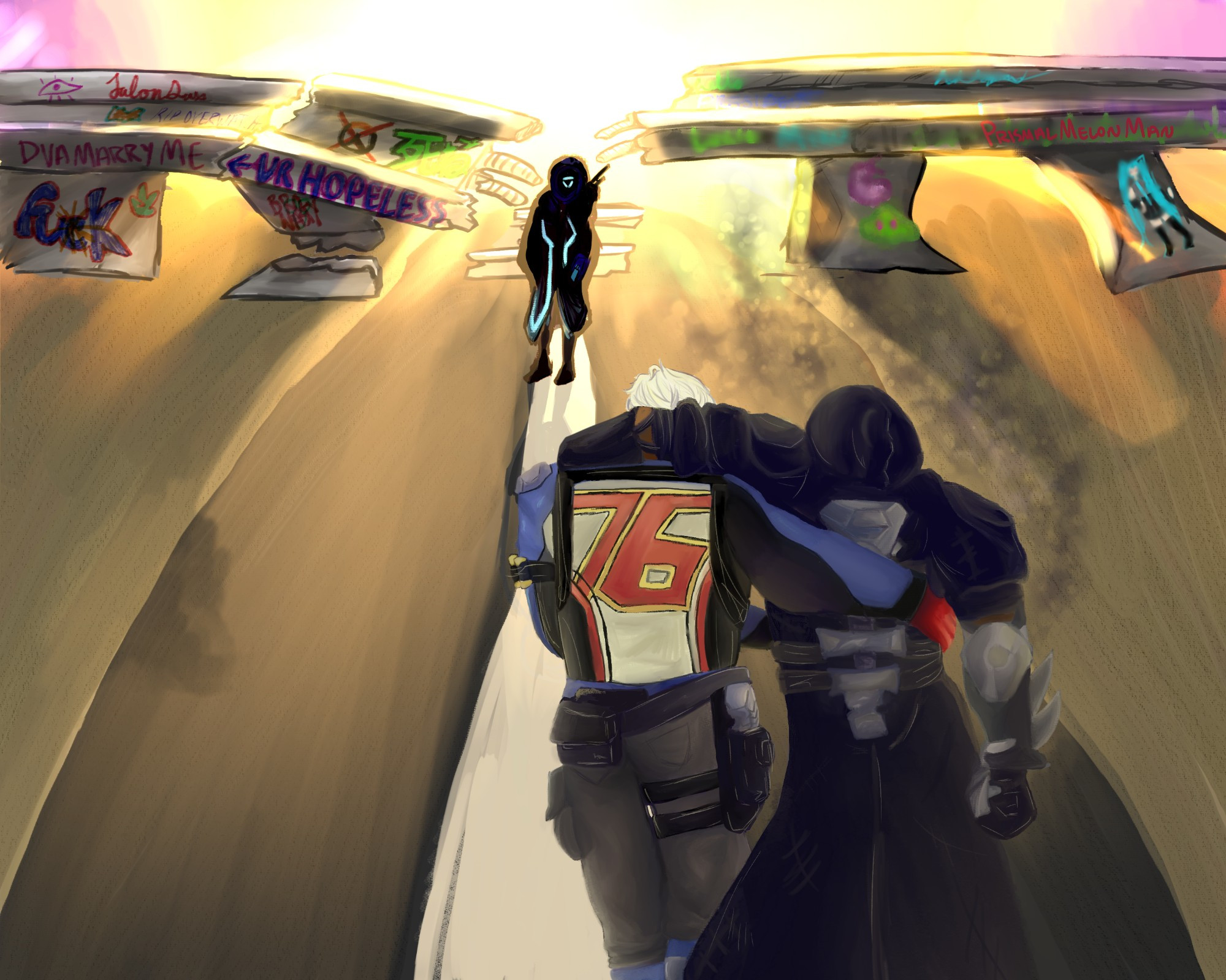 Overwatch fanart depicting a still image of Reaper's return to Overwatch. An abandoned, graffiti-tagged highway crumbling before a shining sunset. Graffiti reads "talon sucks, Dva marry me ← ur hopeless, the overwatch sign with an X mark, Japanese kanji for death/死ね/shi-ne", various scribbles, and Hatsune Miku to the far right of the overpass. 
Ana Amari, wearing dark clothing with a lit up mask, stands in the center of the sunset, casting a shadow into the foreground, where Soldier 76 and Reaper walk up the road towards her. Reaper is emitting smoke, due to his condition of constant decay and regeneration. Reaper is leaning on Soldier 76 who has his arm around the other man's waist.
Soldier wears a quad-colored, red, blue, black, and white leather jacket with a gun chest harness, and a gun holster on his hip. His pants are a dusty grey, and the tops of his boots are blue. His glove is red on Reaper's waist.
Reaper is wearing his black leather coat with metal spine pieces. He wears a metal gauntlet with spikes on his right arm, and a leather glove with metal claws, and his left arm is just in the black leather glove.