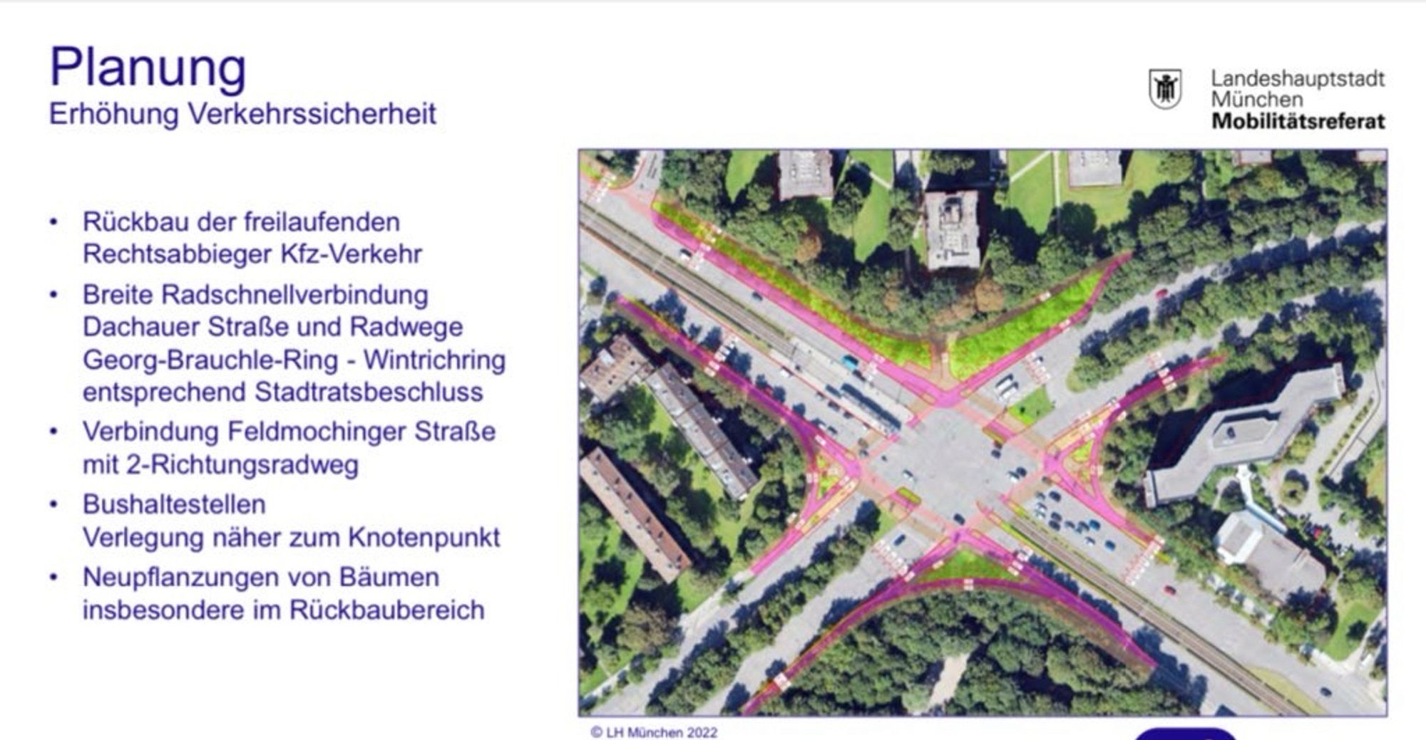 Planung
Erhöhung Verkehrssicherheit
Landeshauptstadt
München
Mobilitätsreferat
• Rückbau der freilaufenden
Rechtsabbieger Kfz-Verkehr
• Breite Radschnellverbindung
Dachauer Straße und Radwege
Georg-Brauchle-Ring - Wintrichring entsprechend Stadtratsbeschluss
• Verbindung Feldmochinger Straße mit 2-Richtungsradweg
• Bushaltestellen
Verlegung näher zum Knotenpunkt
• Neupflanzungen von Bäumen insbesondere im Rückbaubereich