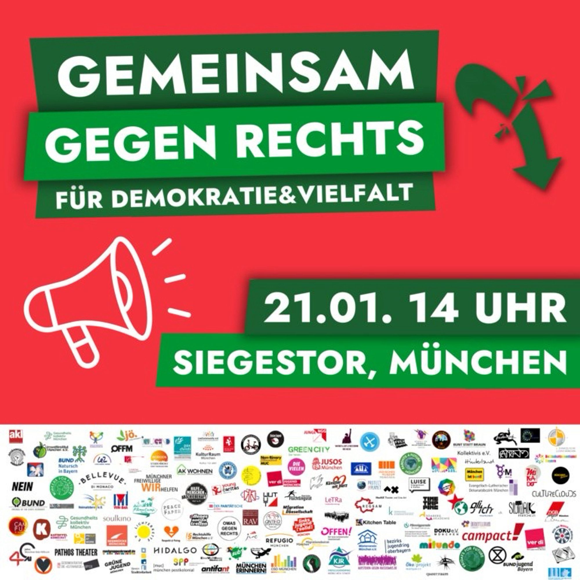 Gemeinsam gegen Rechts. Für Demokratie und Vielfalt. 21.1., 14 Uhr, Siegestor, München