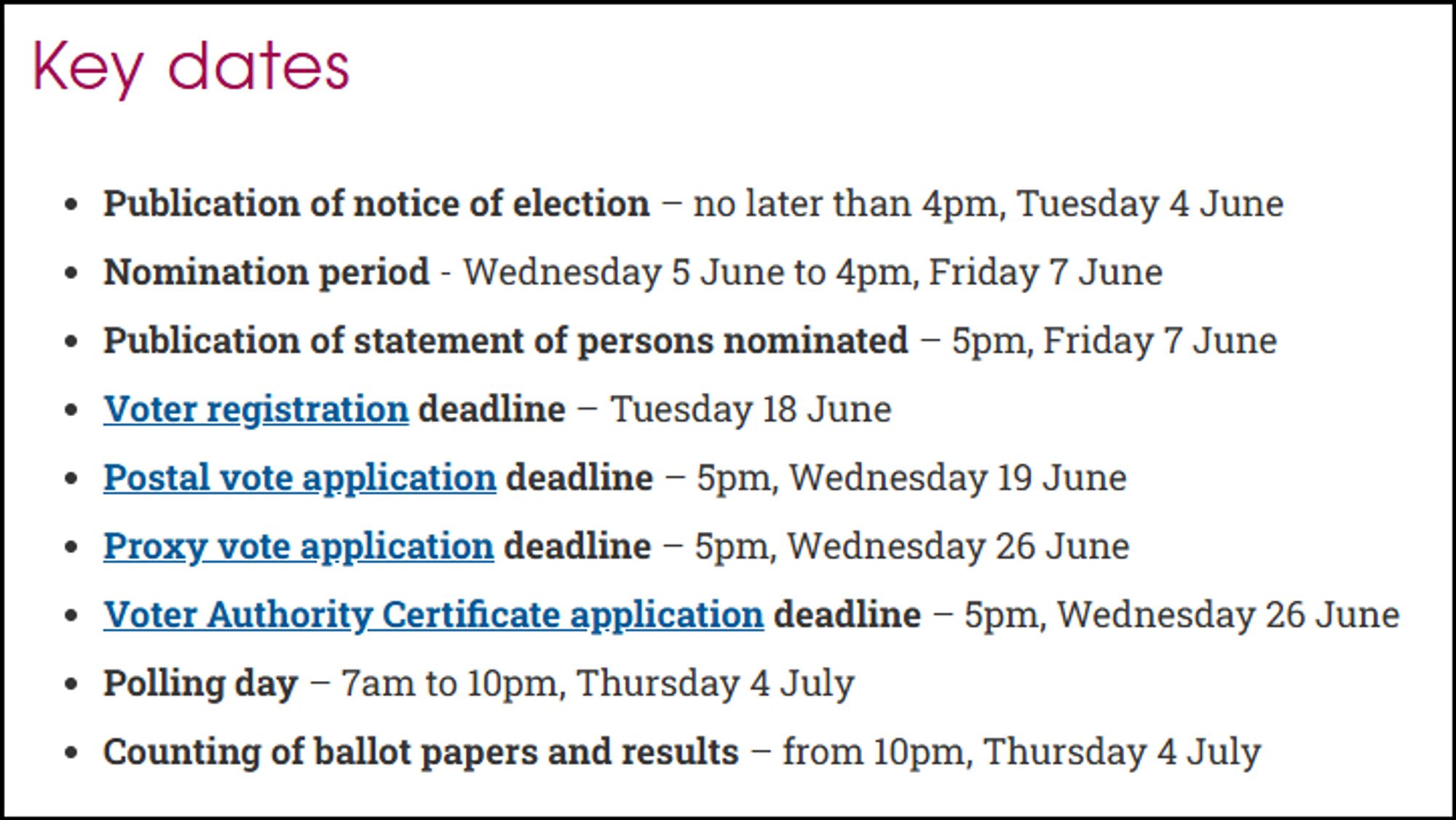 Key dates in the upcoming 2024 UK General Election.