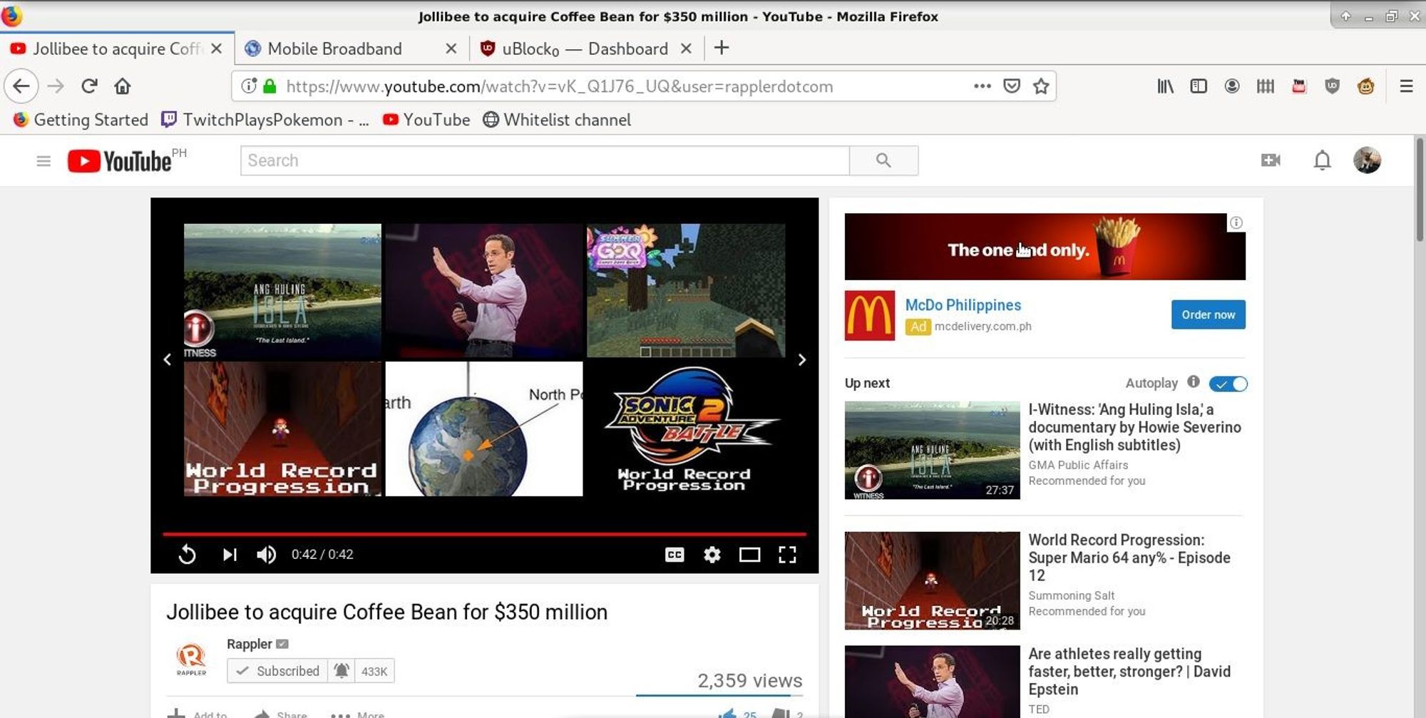 Screenshot of YouTube back in 2019 of a Rappler video talking about Jollibee acquiring Coffee Bean for 350 million USD, and to the right is an ad from McDo Philippines