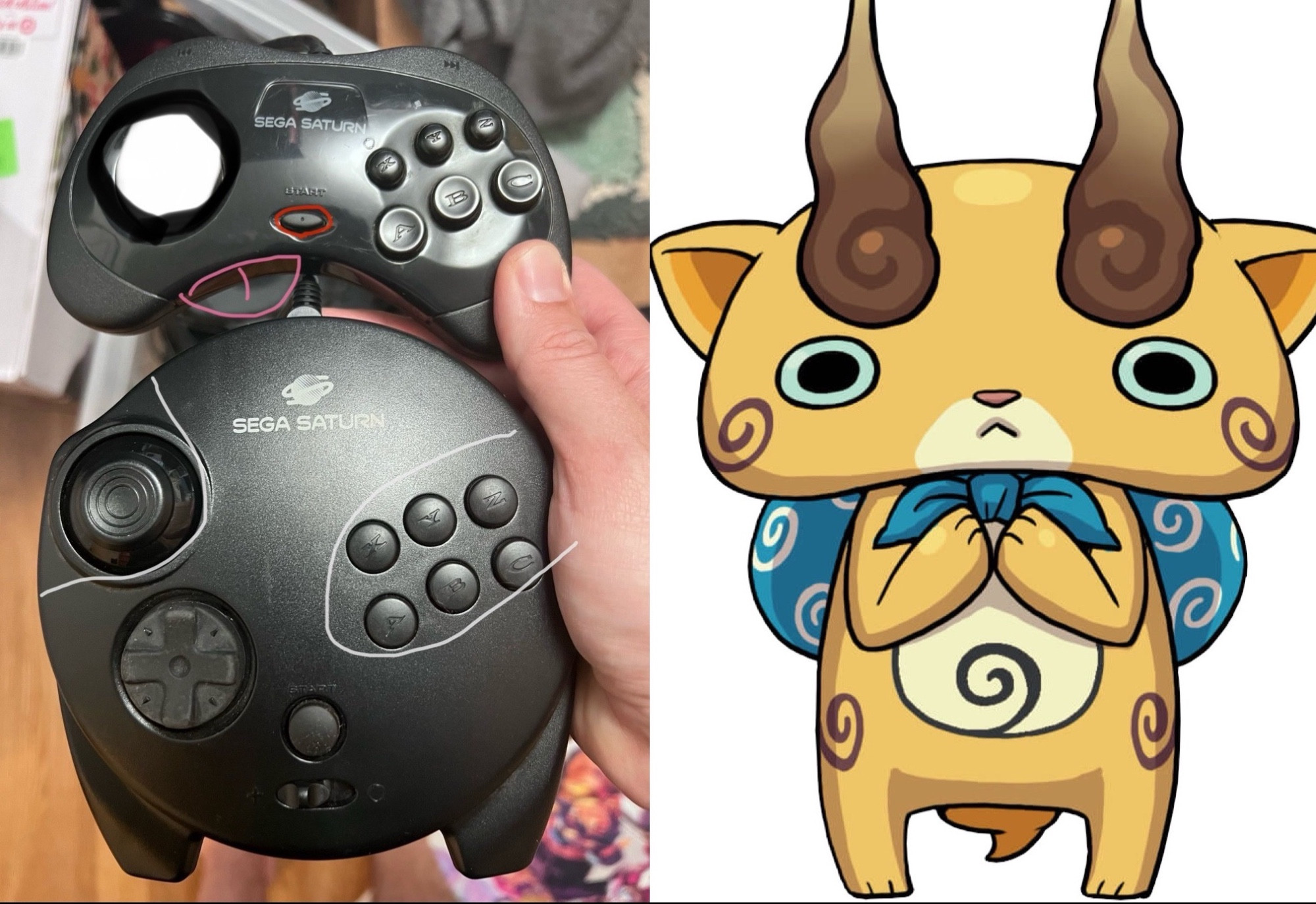 On the left is the photo of two game controllers from the previous skeet, marked up slightly. On the right is Komajiro from Yokai Watch. They look similar in shape to me.