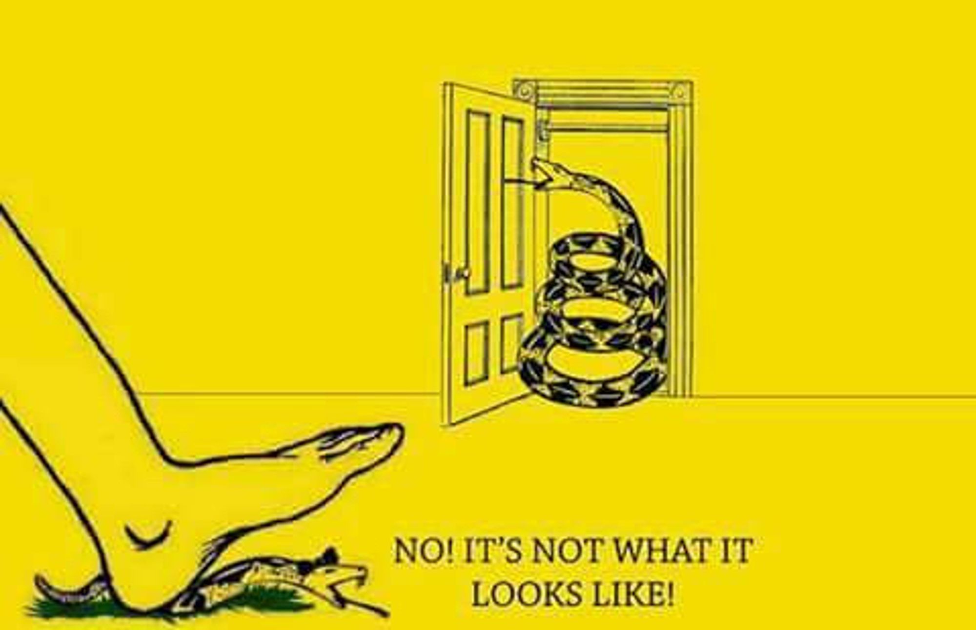 a snake walks in the door and sees another snake with a bow on her head getting stepped on. she says “no! it’s not what it looks like!”