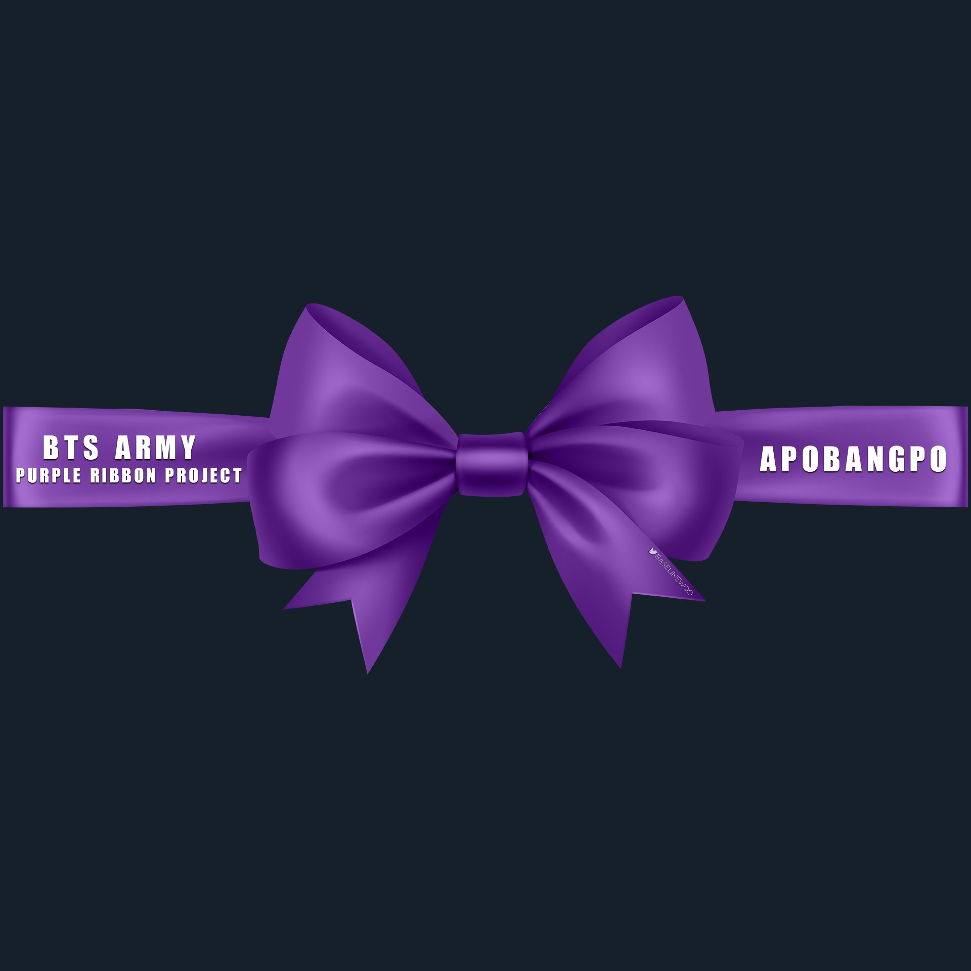 purple ribbon tied in a bow on a plain background, with the words BTS ARMY PURPLE RIBBON PROJECT and APOBANGPO.