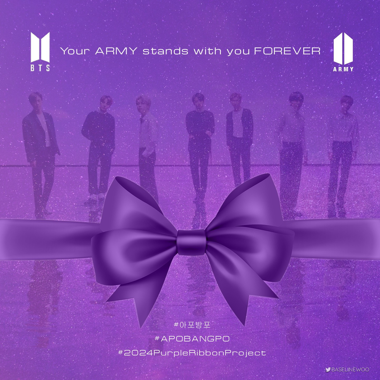 A purple ribbon is over a purple picture of BTS in the background. With the words YOUR ARMY STANDS WITH YOU FOREVER and the BTS logo on either side of that phrase.