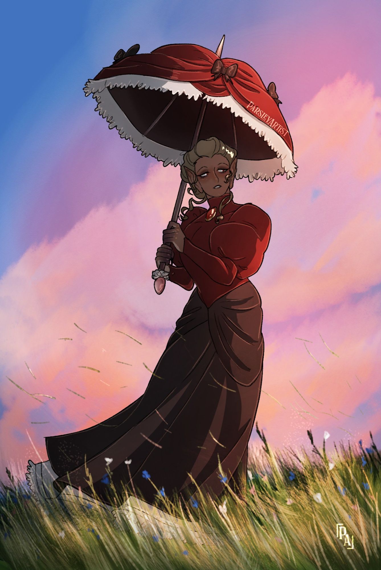 in a flower field a Victorian vampire is wearing an umbrella.