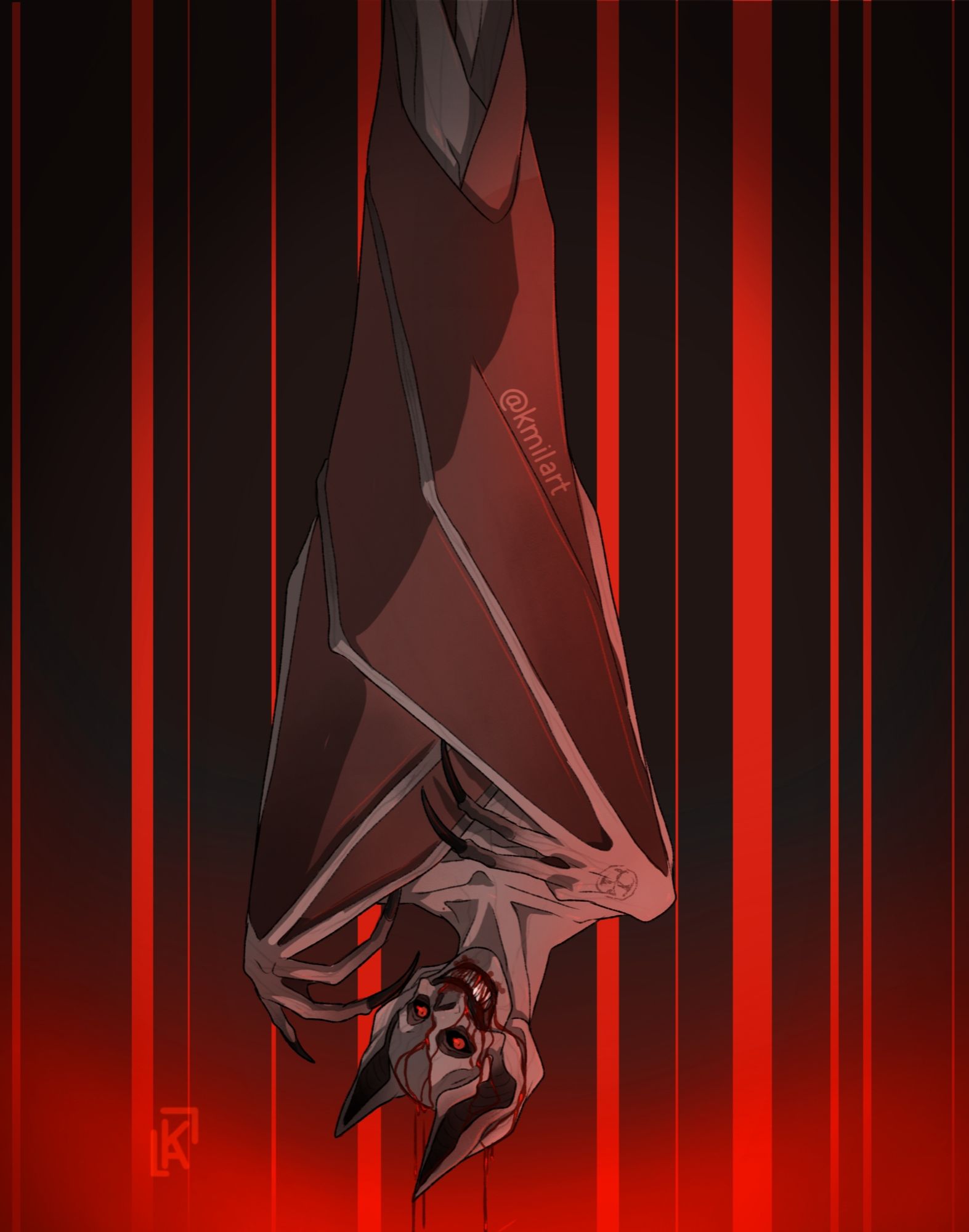 a humanoid bat upside down with blood dripping from her mouth