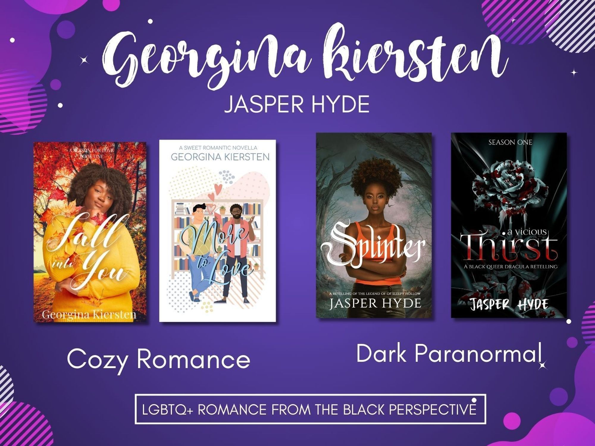 Covers of Splinter by Jasper Hyde,  Fall Into You by Georgina Kiersten, A Vicious Thirst by Jasper Hyde, and More to Love by Georgina Kiersten. Black LGBTQ+ Romance - Cozy Romance, Dark Romance, Paranormal Romance 