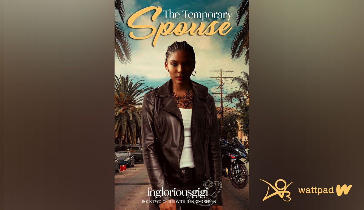 A book cover with a pretty feminine Black non-binary person in sports bra and pants with tattoos, green eyes, and a lighting bolt scar.  The Temporary Spouse - A Trans Harry Potter Crossover by ingloriousgigi on Archive of Own and Wattpad