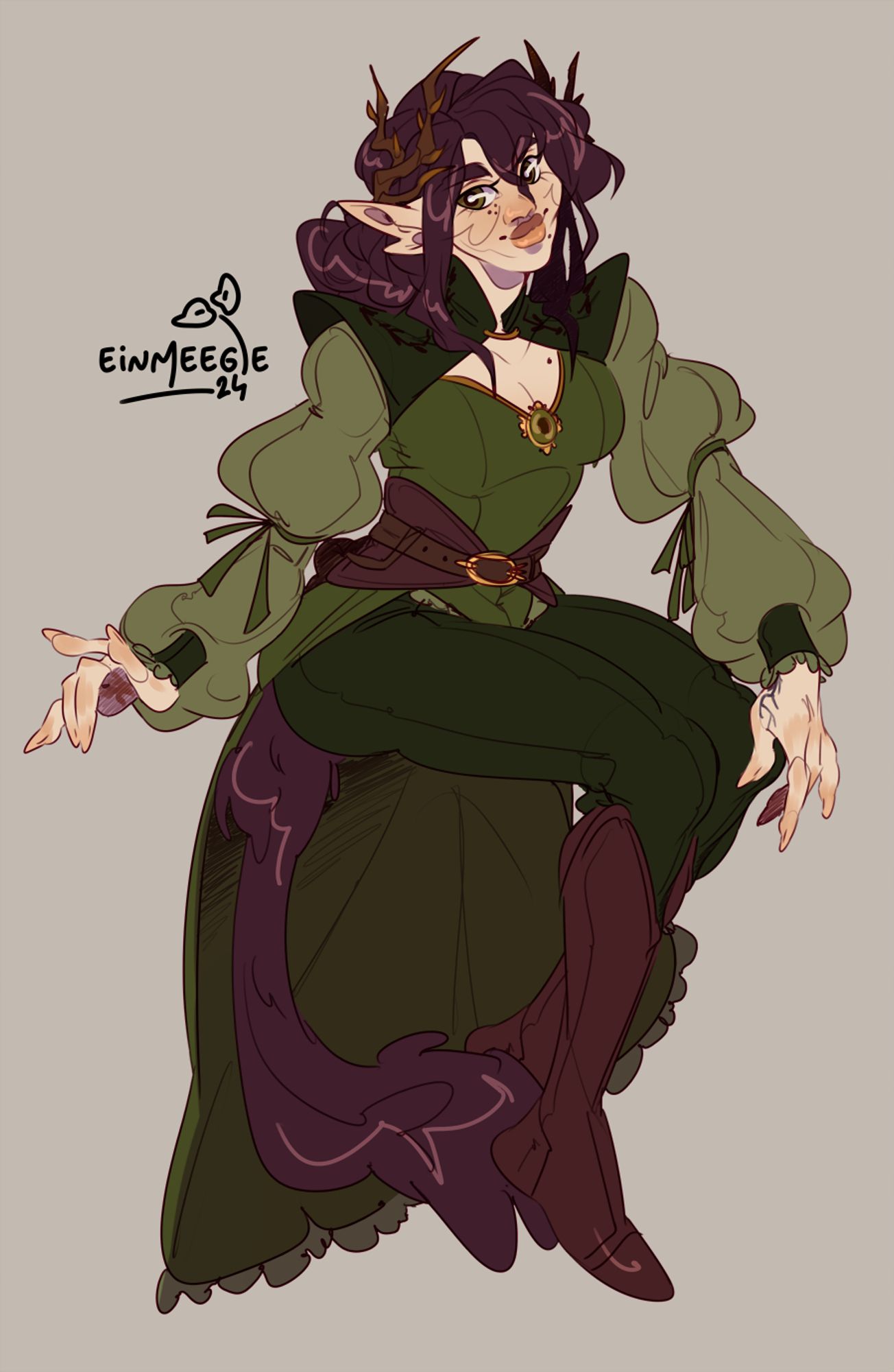 A digital drawing depicting a female hexblood character. She has a smile on her face, her hair falling onto her shoulders. Her one hand is resting on her knee, while the other is flicked outwards, her index finger raised. She wears comfortable clothing of greens and browns and a tail flits playfully behind her.