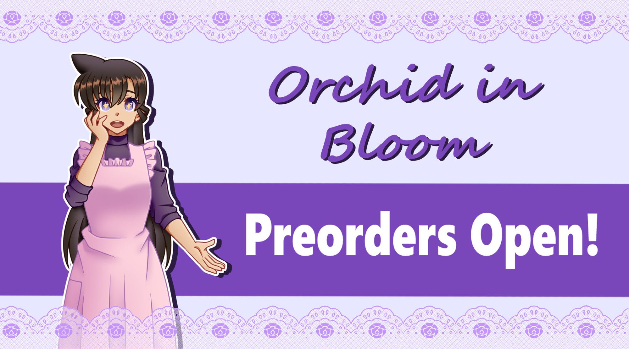 A digital image depicting Ran Mouri from Detective Conan/Case Closed wearing an apron. The text reads "Orchid in Bloom - Preoders Open" and serves as an advertisement of a zine dedicated to Ran Mouri and her many outfits from the show.