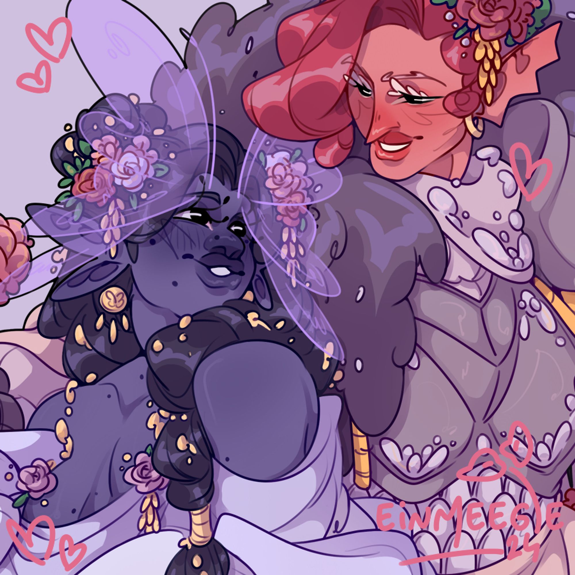 A closeup of the second image featuring a digital drawing depicting two fey women looking at each other. The woman on the left is clad in flowing purple robes and adorned in golden jewellery and delicate flowers, her long braid resting on her shoulder with a set of butterfly wings and antenna sprouting from their forehead. She looks longingly at the other figure. The other, the woman on the right, is wearing a sleek set of armour and a large fur shawl, her hair is short and pinned with delicate flowers and she is smiling at the other woman.