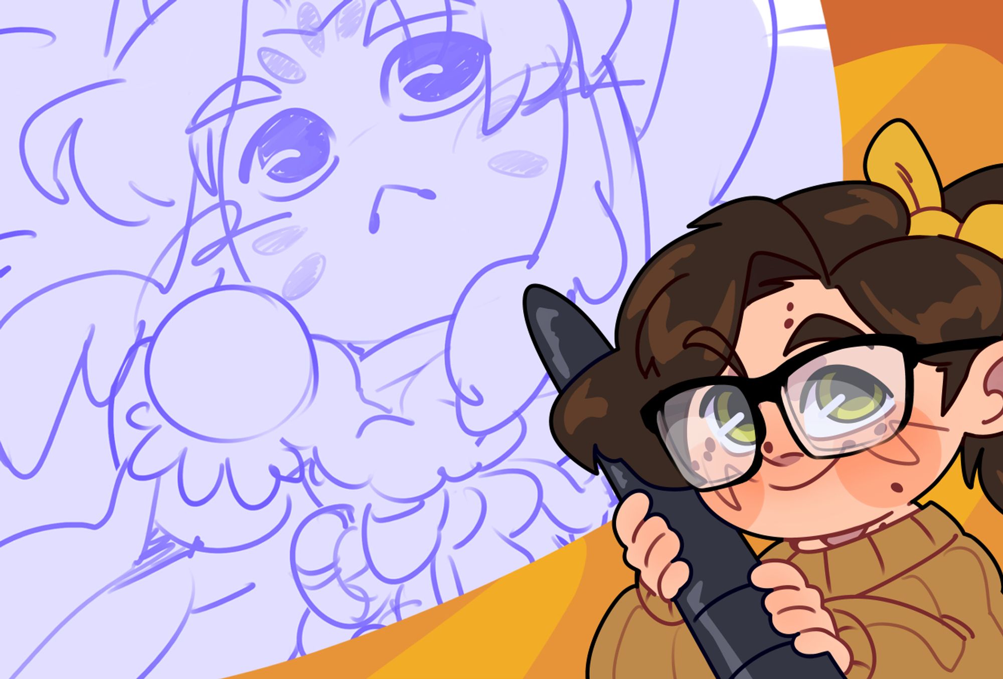 A twitch stream thumbnail, featuring a character in the foreground with brown hair and glasses, clutching an oversized tablet pen. Behind them is the sketch of a chibi character with markings on their face.