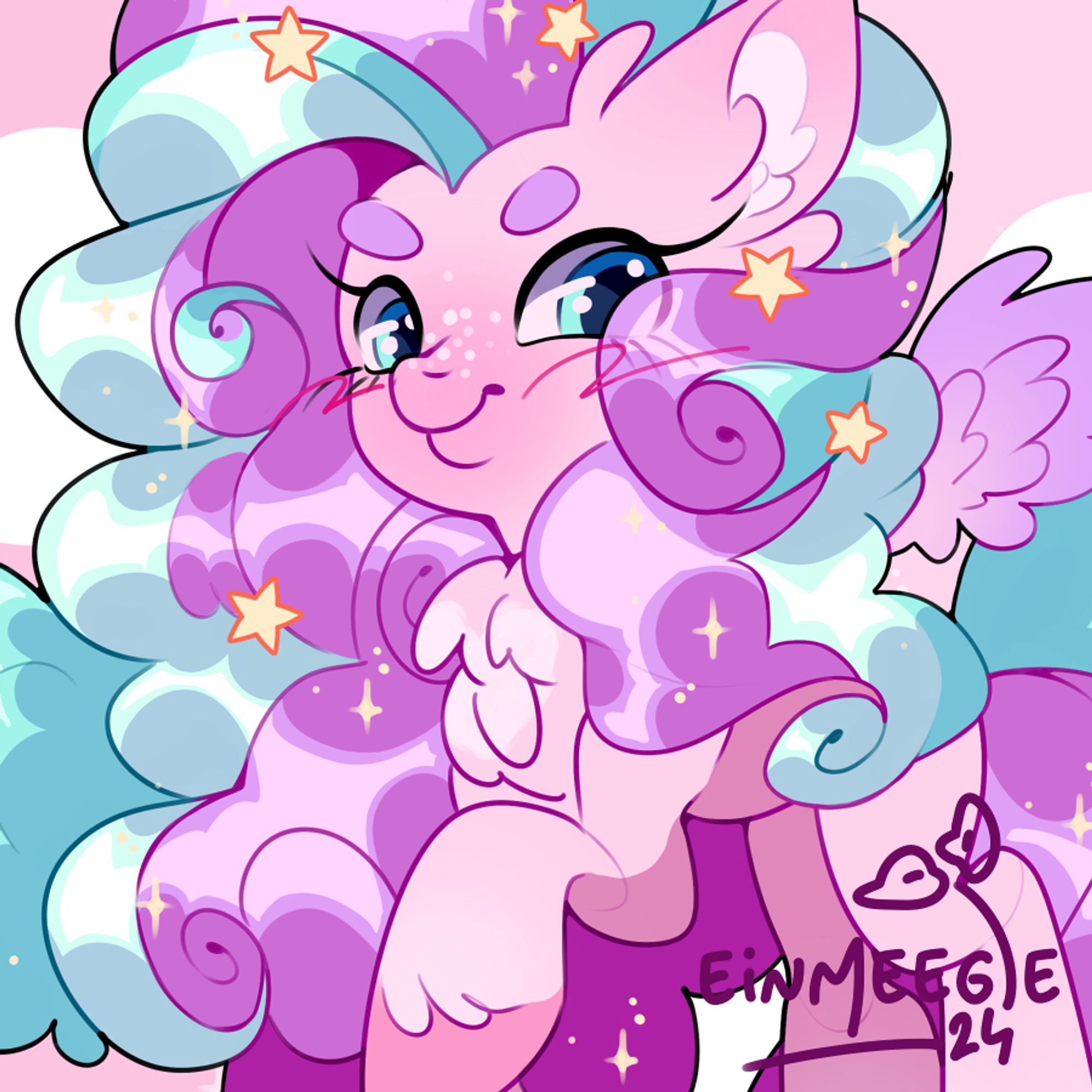 A digital drawing depicting a My Little Pony character. She has pink skin with white accents, her hair is curly and two-toned and dabbled with stars and sparkles.