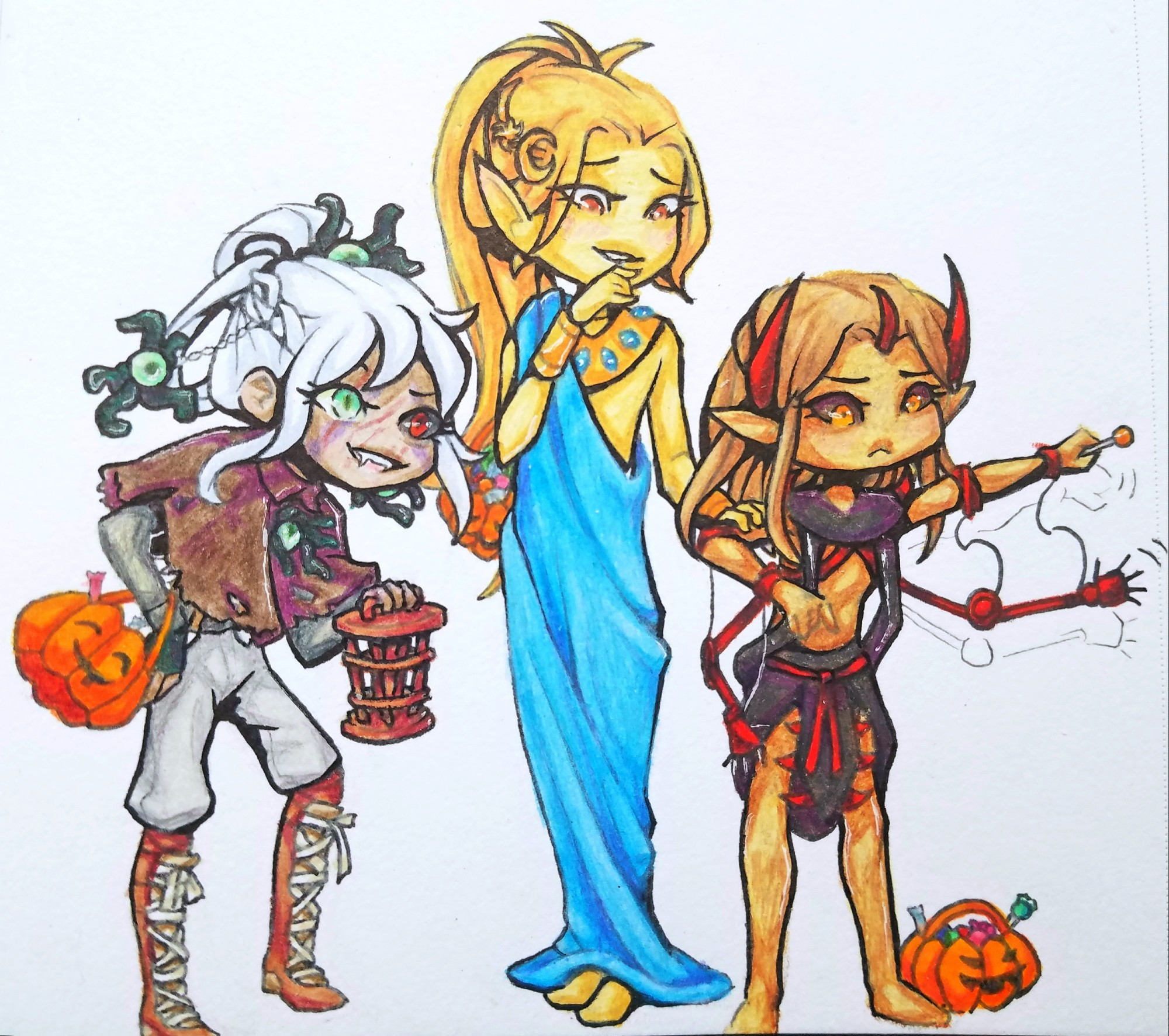 from left to right, it is my LDB (Nowy) as Hermaeus Mora, my Nerevarine (Kirch) as Azura, and my HoK (Mezica) as Mehrunes Dagon - they are going trick-or-treating