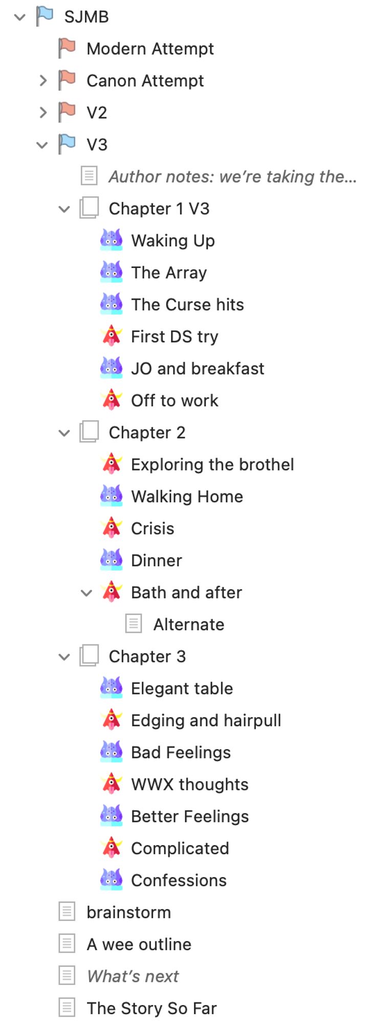 Screenshot from Scrivener showing the nested file structure from Scrivener. Top level: (blue flag icon) SJMB. Next level: (red flag icon) Modern Attempt, (red flag) Canon Attempt, (red flag) V2, (blue flag) V3. Under V3: A document with the name cut off, which reads "Author notes: we're taking the...". This is followed by three chapters with sub-scenes. Chapter 1: (Blue creature icon) Waking Up, (Blue creature icon) The Array, (Blue) The Curse Hits, (red creature icon) First DS try, (blue) JO and breakfast, (red) Off to work. Chapter 2: (red) Exploring the Brothel, (blue) Walking Home, (red) Crisis, (blue) Dinner, (red) Bath and After. Bath and After has a subdocument called "Alternate". Chapter 3: (Blue) Elegant Table, (red) Edging and hairpull, (blue) Bad Feelings, (red) WWX thoughts, (blue) Better Feelings, (red)Complicated, (blue) Confessions. After the chapters are a few more top level documents. They are titled Brainstorm, a wee outline, what's next, and the story so far.