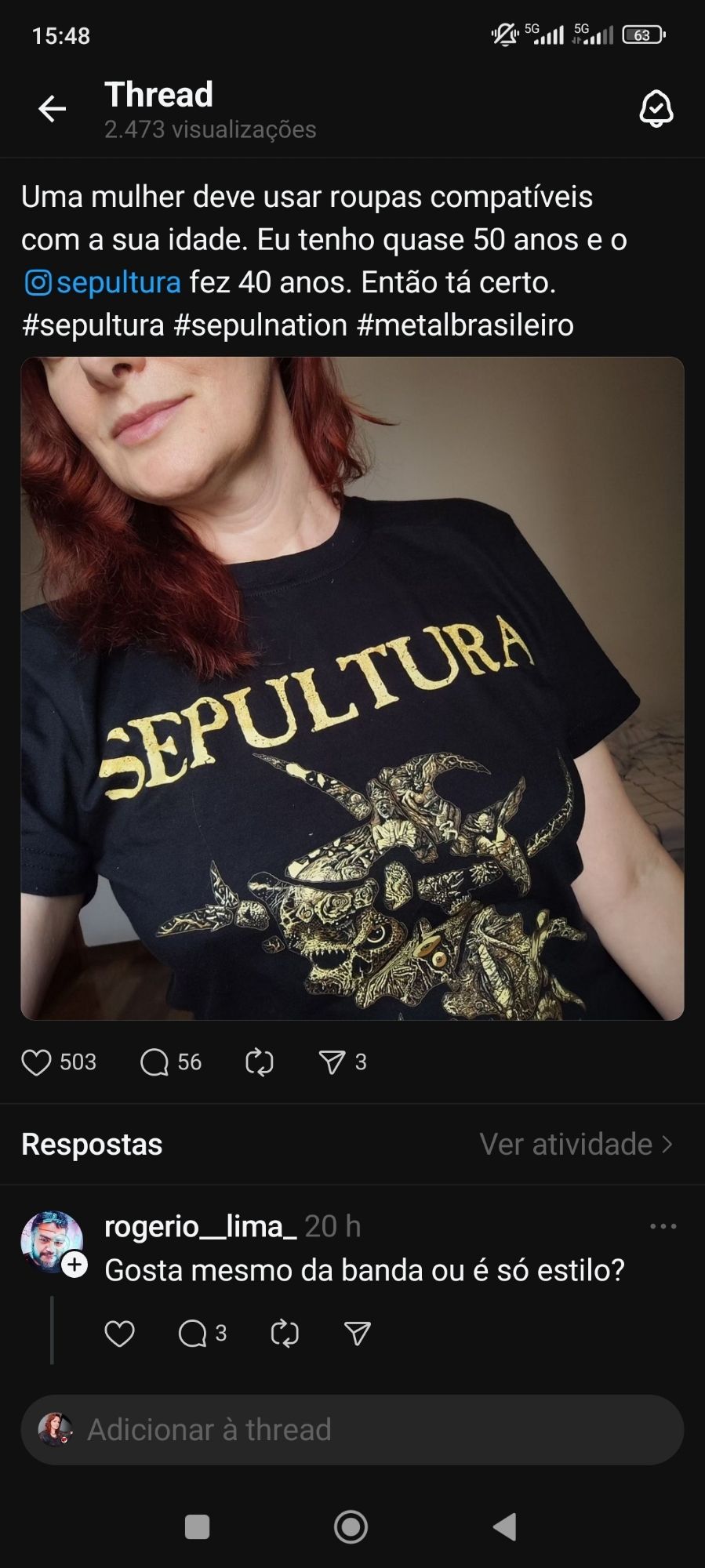 Print do meu post no Threads, em que postei uma foto usando uma camiseta do Sepultura e um ser humano pergunta "gosta mesmo da banda ou é só estilo?"