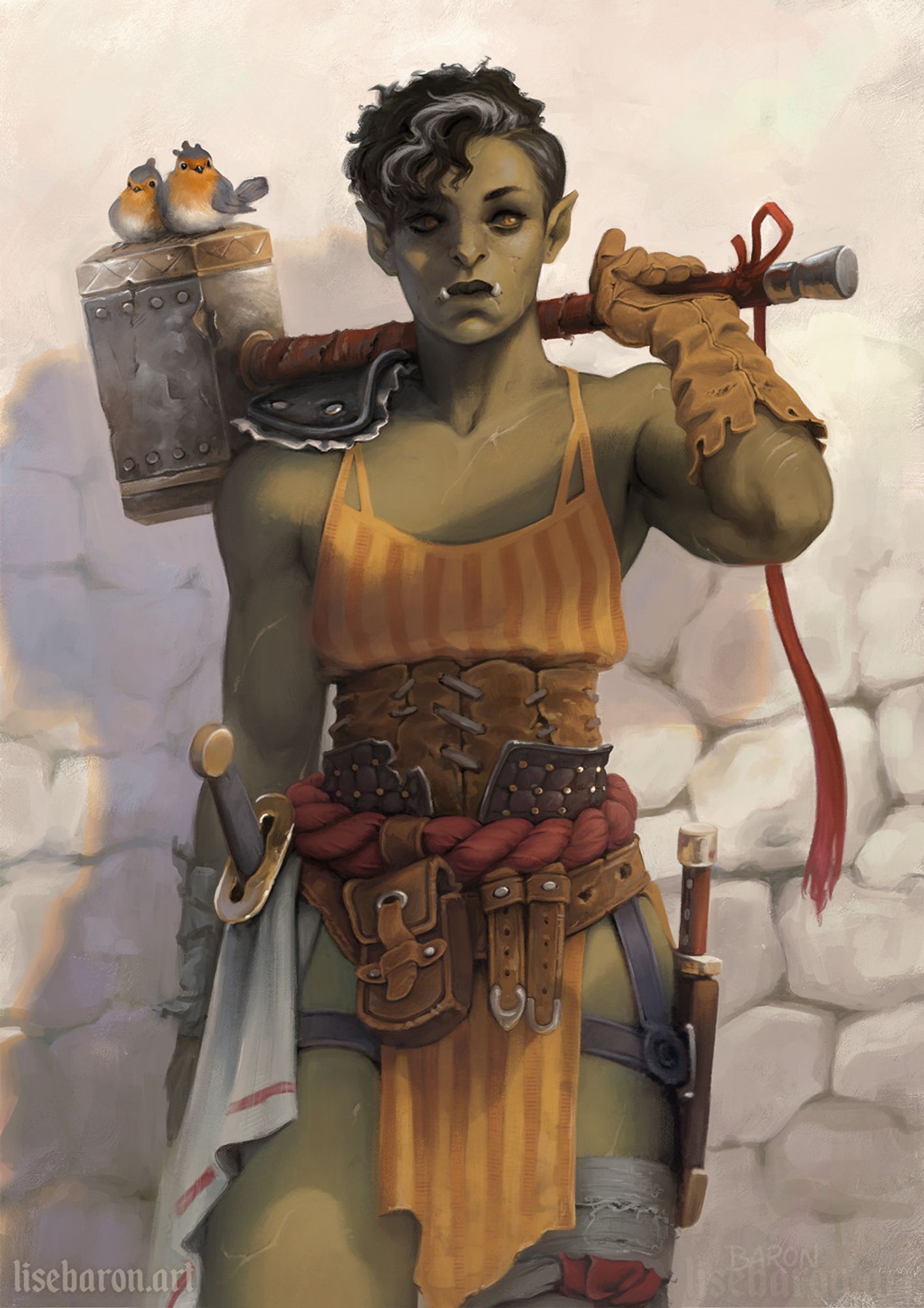 front facing half-orc woman holding a big war hammer across her shoulders with two robins sitting on it <3. she has yellowish green skin, amber eyes and short curly black hair with a streak of white on the front. she is wearing leathery armor parts on her right shoulder and stomach, a short used up yellow spaghetti straps tunic with orange vertical stripes and a red rope belt. she carries a sword and a knife as well as a pouch on a leather belt. she has bandages on her left thigh and right forearm and lots of thin white scars across her skin.