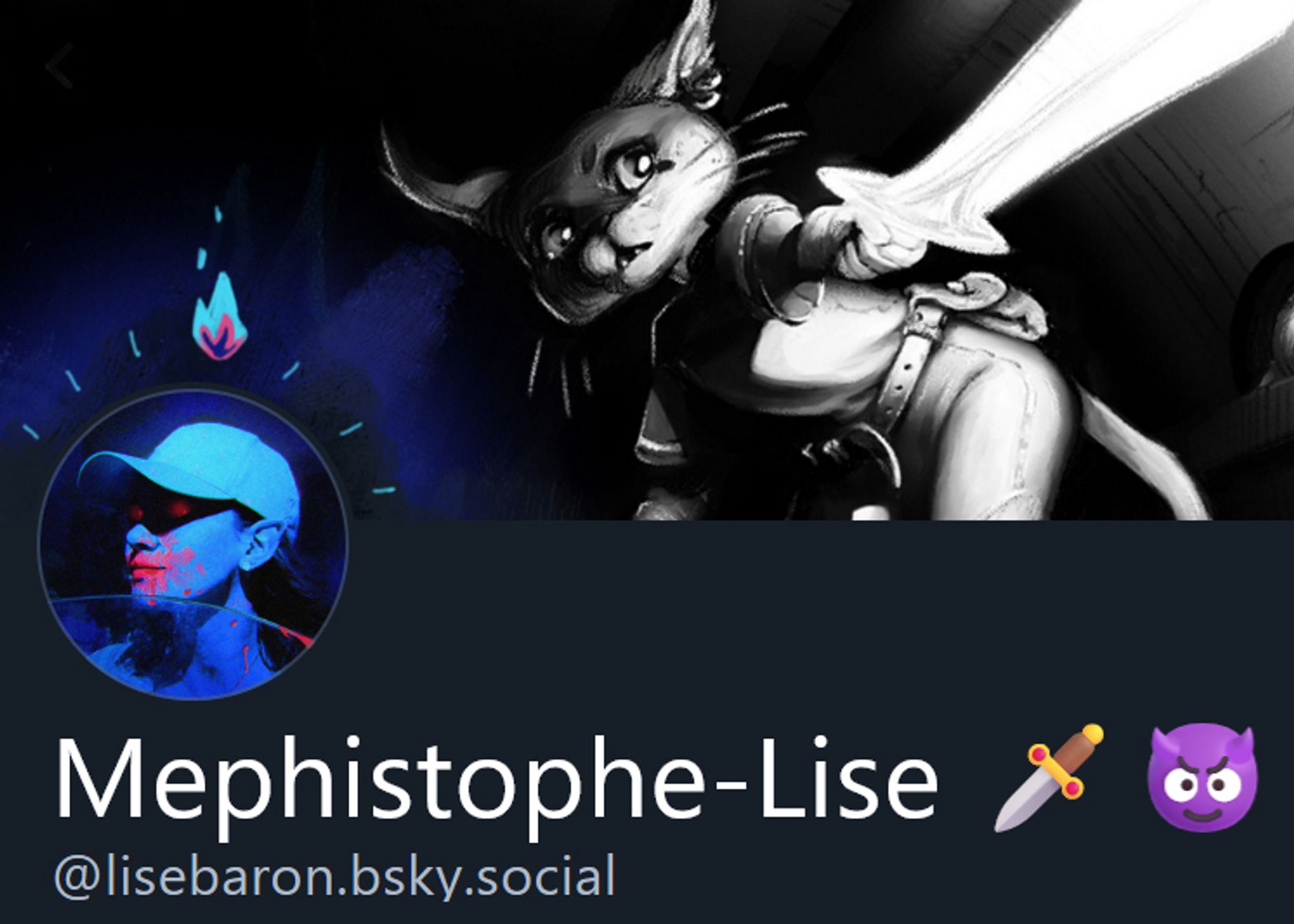 screenshot of a bluesky profile header dressed up for spooky season! The banner is now a scaredy catfolk illustration and the profile pic person is clearly up to something not good, reddish splatters all across their face. The pseudonyme, a dumb wordplay, reads "Mephistophe-Lise"