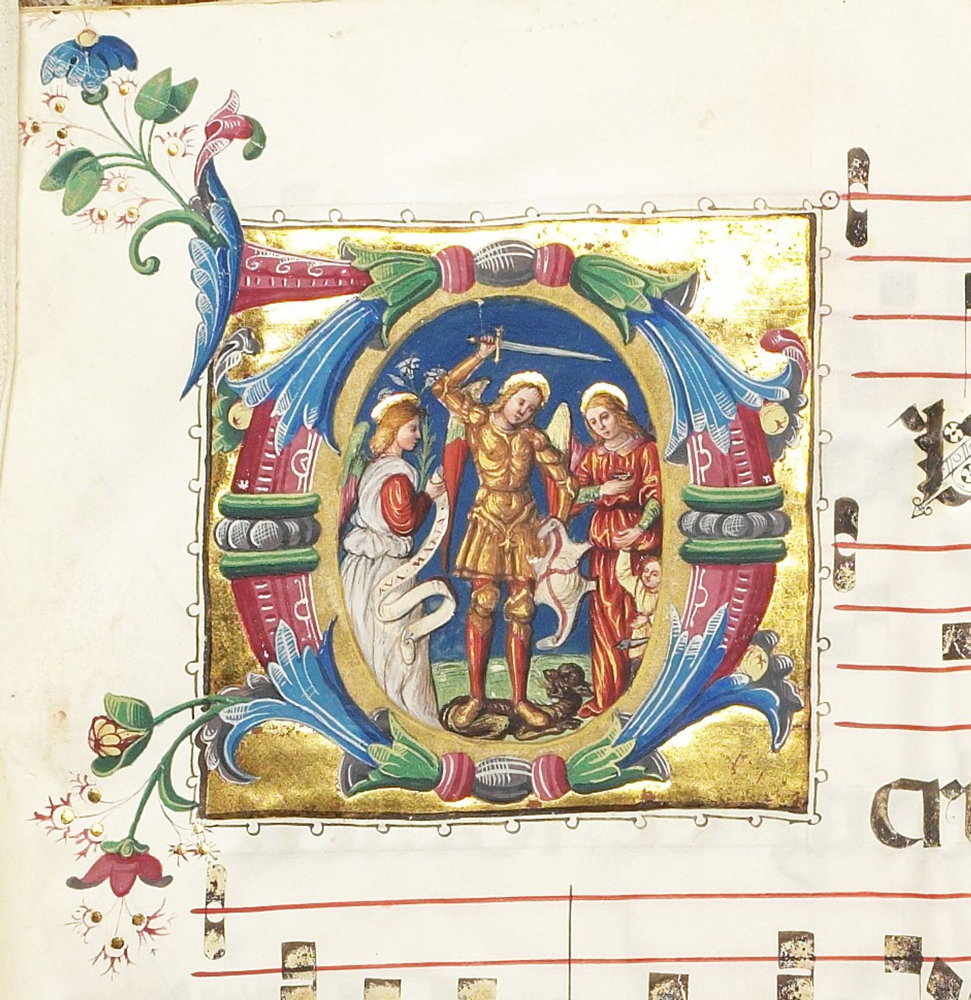 A manuscript illumination of the three archangels with their attributes depicted in a manuscript illumination, within the letter D.