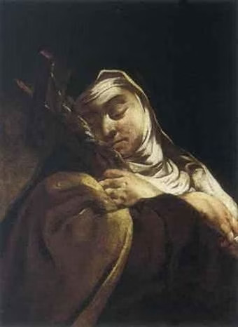 A painting of a nun in a wimple, clasping a cross in her arms. She is apparently standing; her eyes are closed.