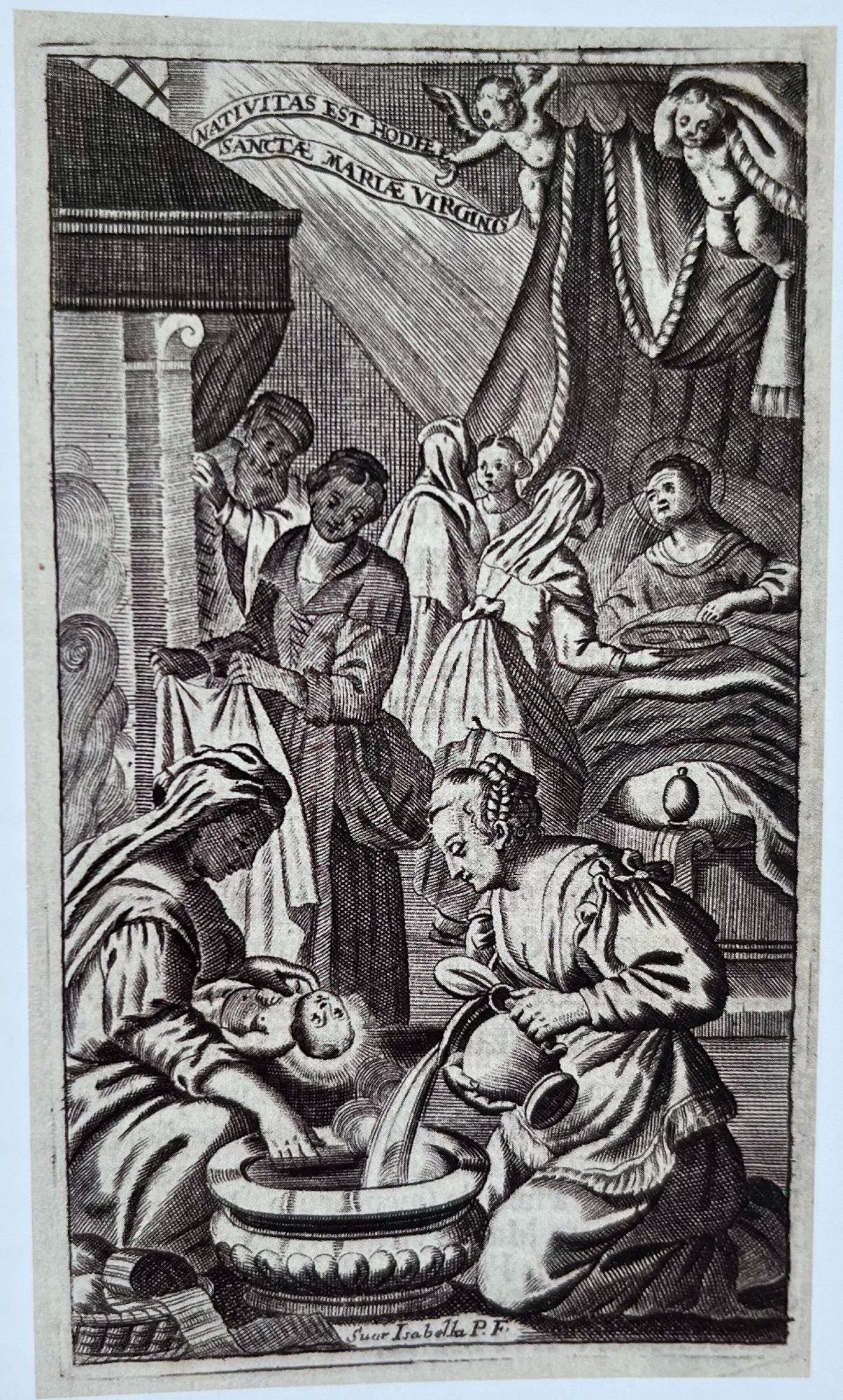 An engraving depicting a birth scene, with two women kneeling in front washing a haloed baby in a basin. Behind them, other women attend to the mother in the bed. A bearded man looks in from a door.