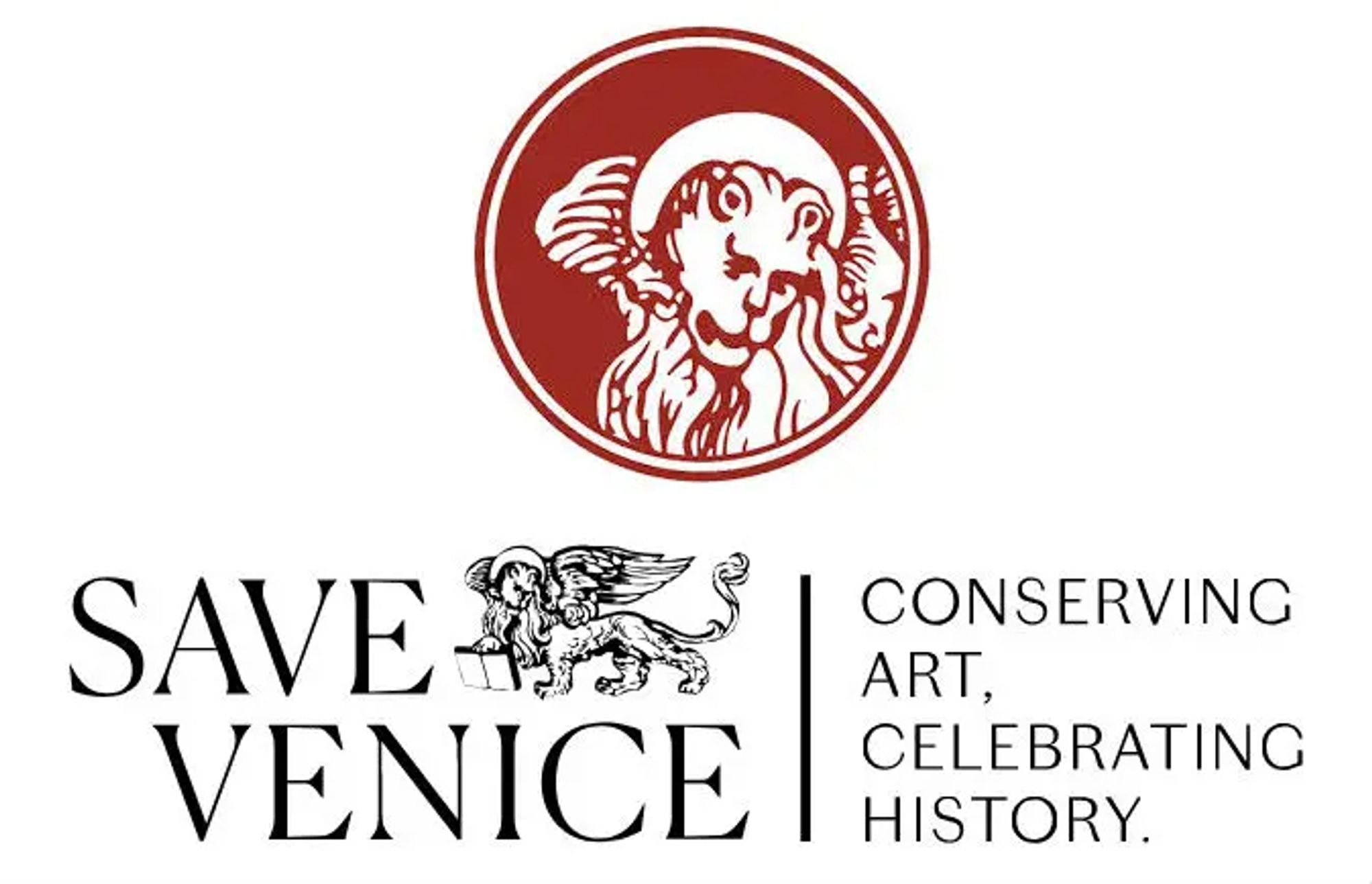 The Save Venice Inc logo, with a red-and-white depiction of a lion face in a circle with text below in black and white