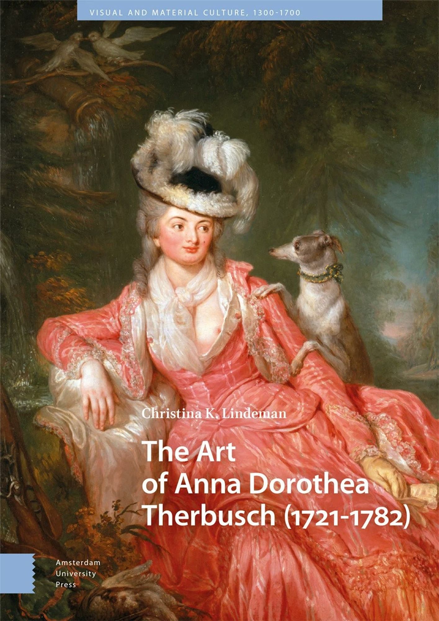 Book jacket featuring a full length seated (on a daybed) 18th-century portrait of a woman in a hat and a long salmon-colored gown with a white kerchief. Seated with her, just behind her hip, is a medium-sized dog.