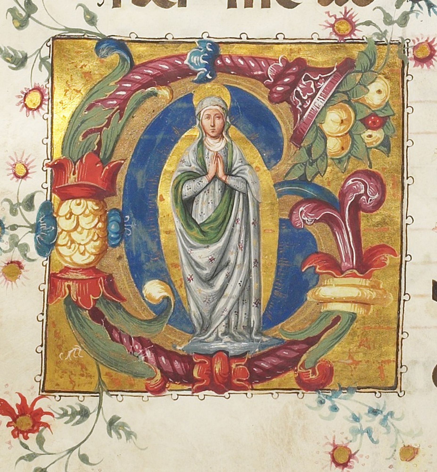 A manuscript illumination of the Virgin Mary within the letter G, wearing a white gown with a green neck sash, and her hands in front of her with palms pressed together.