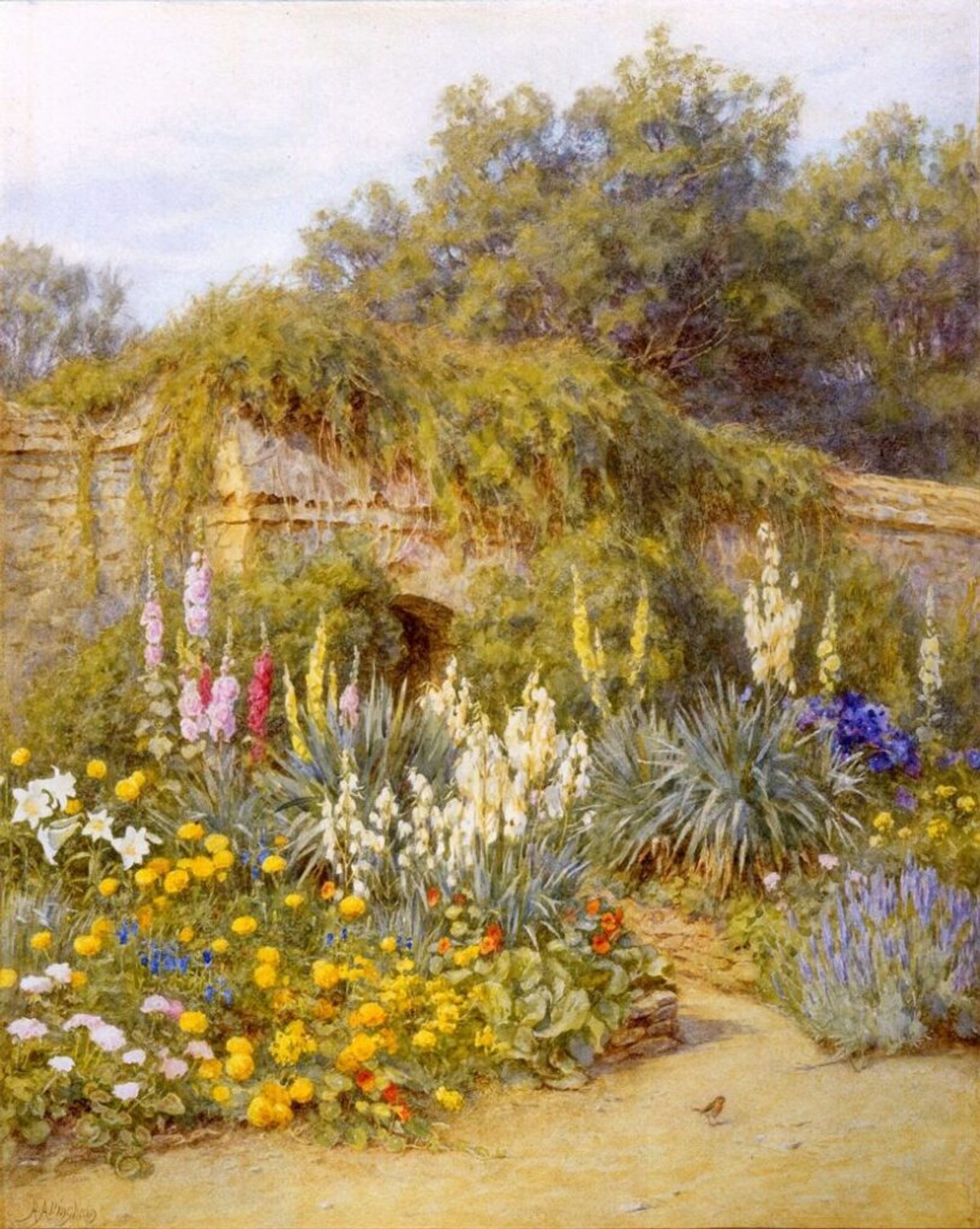 A watercolor illustration of a variety of flowering plants growing in the ground in front of a mossed-over stone wall. At the front of the work is a piece of pathway in which stands a small brown bird.