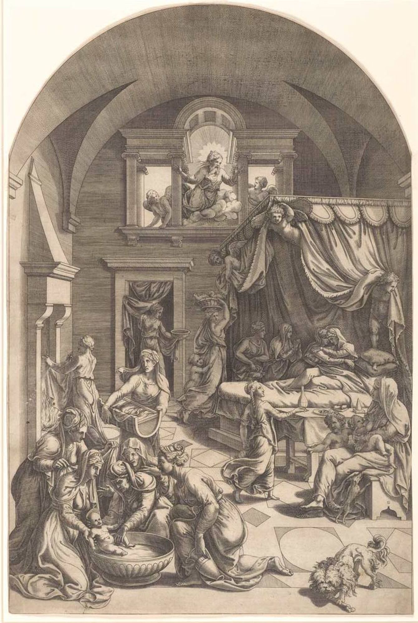 A black-and-white etching depicts a room with a high vau lted ceiling, full of women bustling about. In the background is a woman in a large bed, being attended to by other women. In the foreground to the left, 5 women bath a newborn (who has a halo) in a large basin. In the foreground to the right is a small dog. In a high window, God and two angels, supported on a cloud, look on.