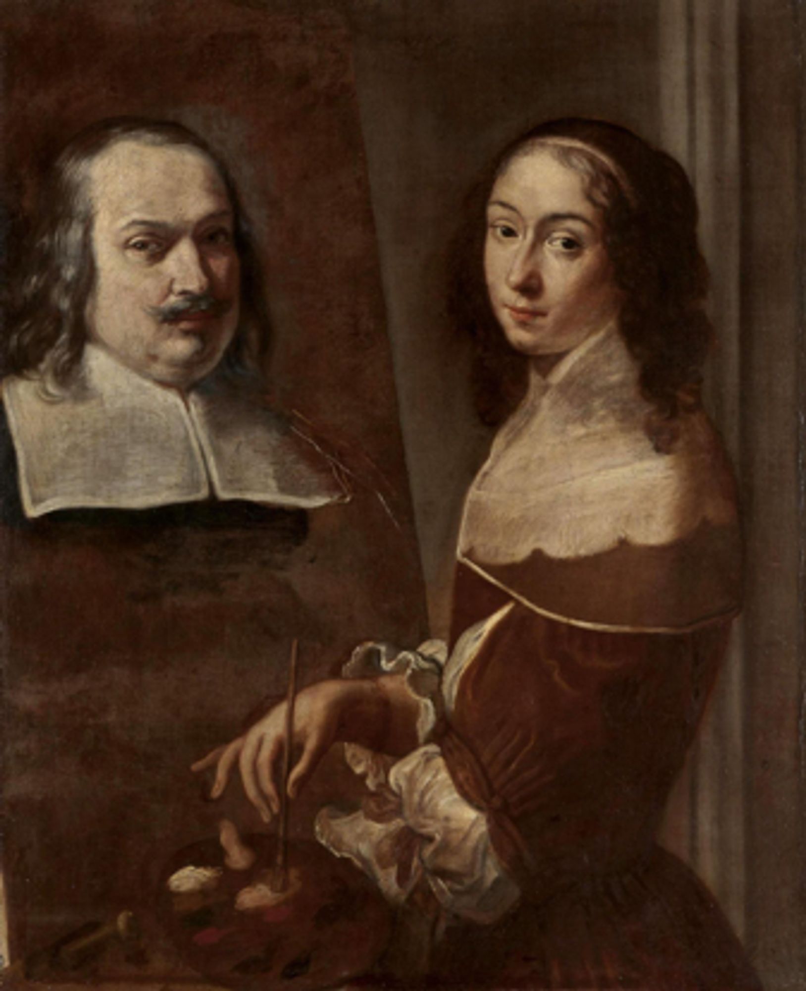 A sepia-toned painting of a young woman in a brown dress standing before a painting of an older man. She holds a palette in her left hand and a paintbrush in her right hand.