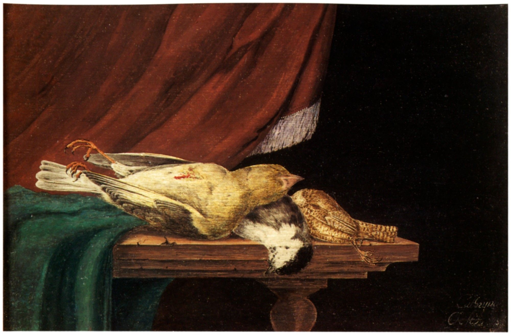 A painting of three dead birds on wooden table partly covered with a green cloth, in front of a red curtain