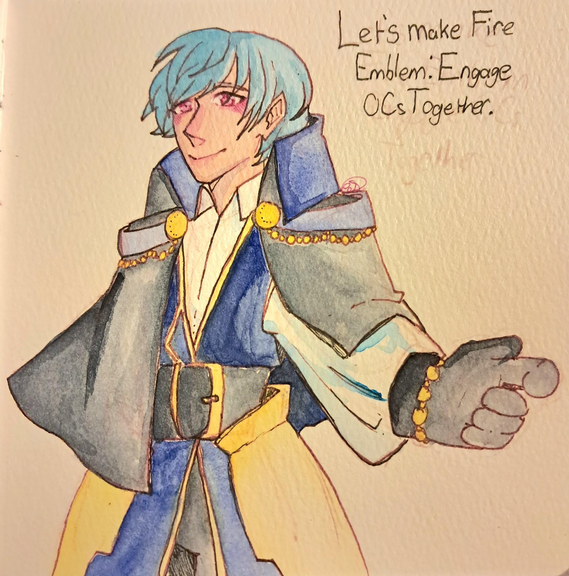 A man with blue hair and pink eyes donned in a dark cloak and dark blue vest with gold armor and accessories extends his hand towards the viewer next to text stating "Let's make Fire Emblem: Engage OCs Together."