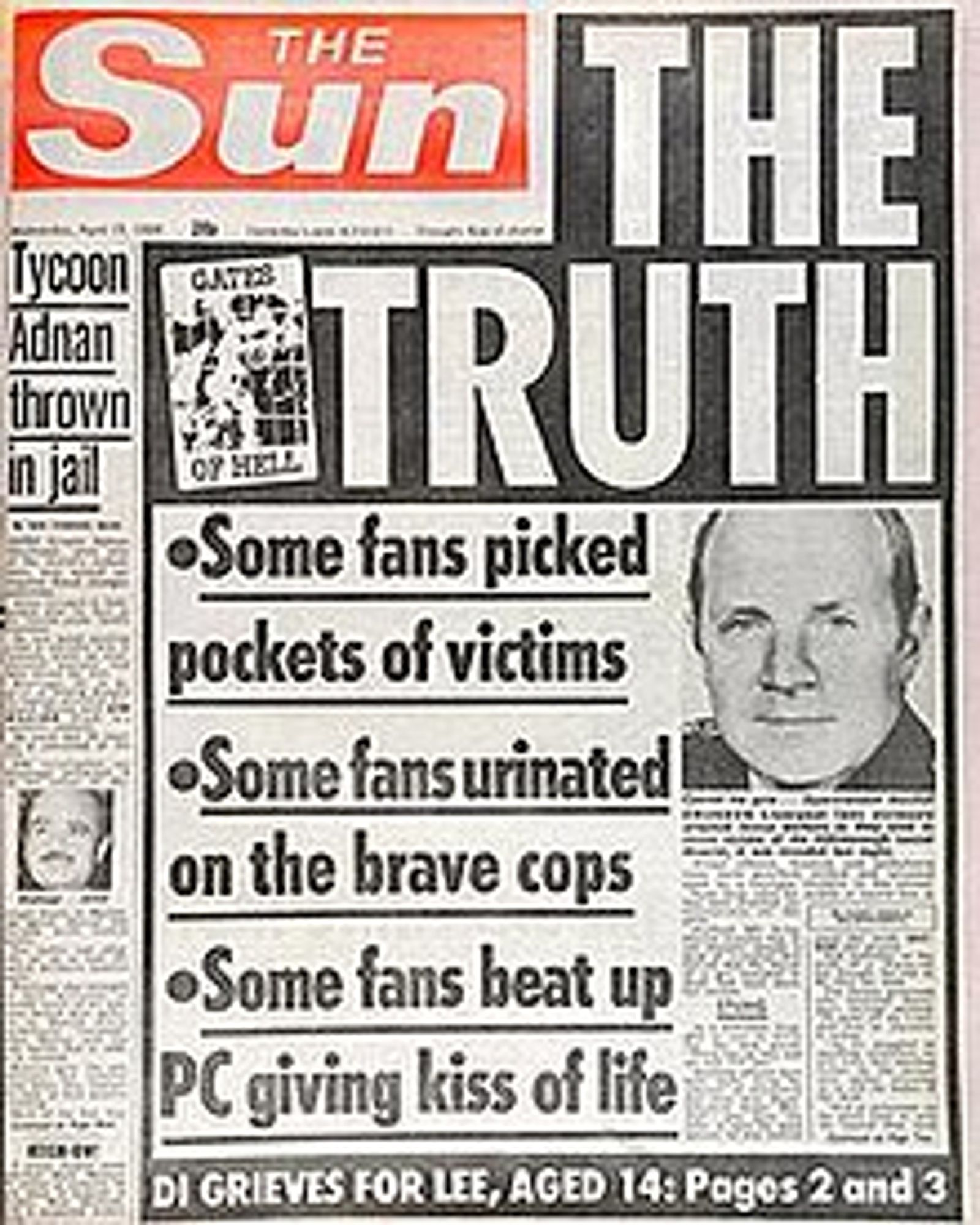 Headline from the sun lying about Liverpool Fans during the Hillsborough Disaster.