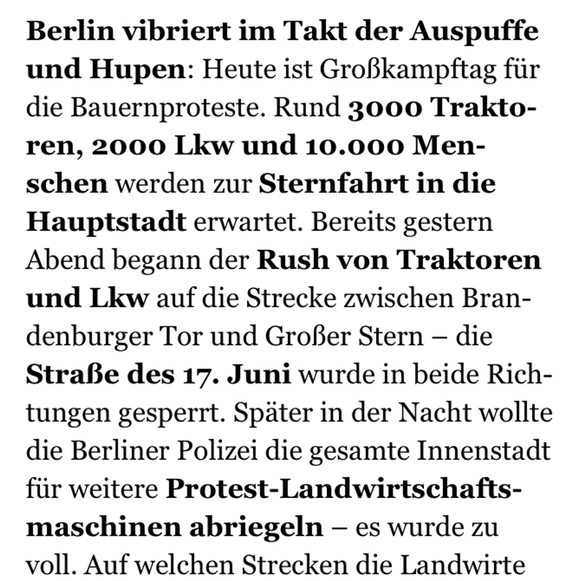 Ausschnitt aus dem Tagesspiegel Checkpoint zur heutigen Bauernblockade