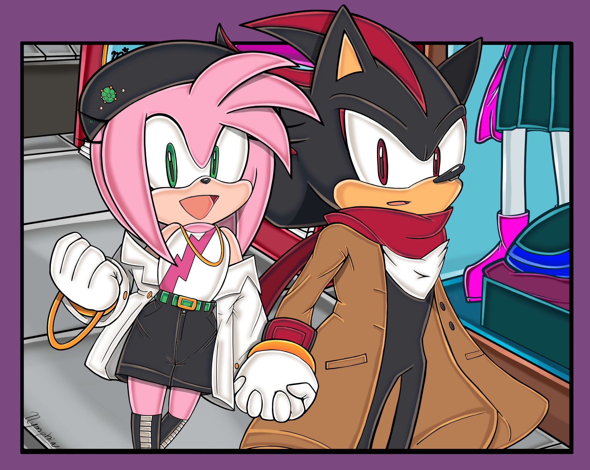 Amy and Shadow holding hands in front of a store on a sidewalk. Shadow is wearing a fashionable brown winter coat with a red scarf, and Amy is wearing a black hat with a pink lighting bolt tank top, green belt, black shorts, boots, and a white, loose-fitting jacket.