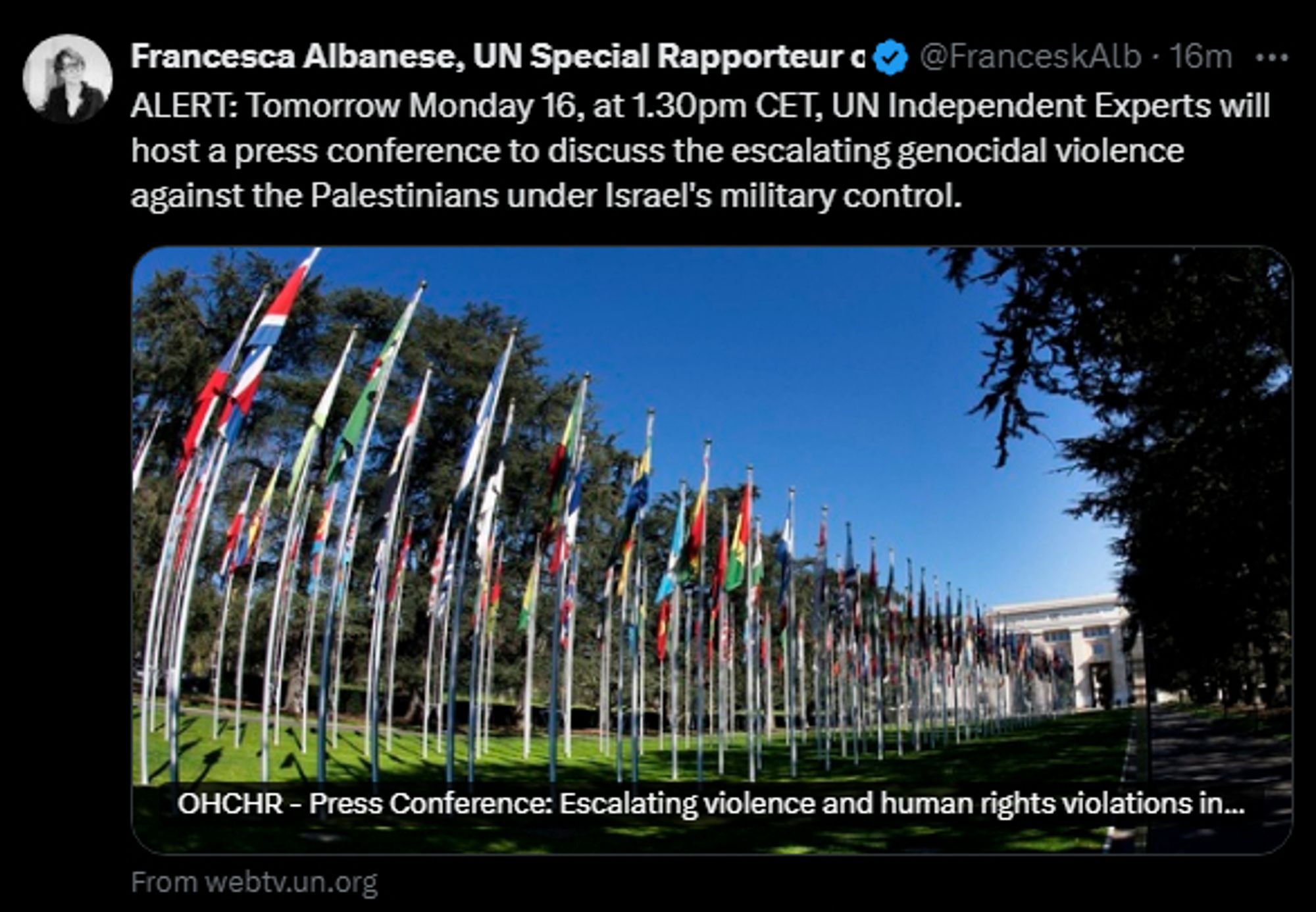 Francesca Albanese, UN Special Rapporteur oPt
@FranceskAlbs
·
17m
ALERT: Tomorrow Monday 16, at 1.30pm CET, UN Independent Experts will host a press conference to discuss the escalating genocidal violence against the Palestinians under Israel's military control.