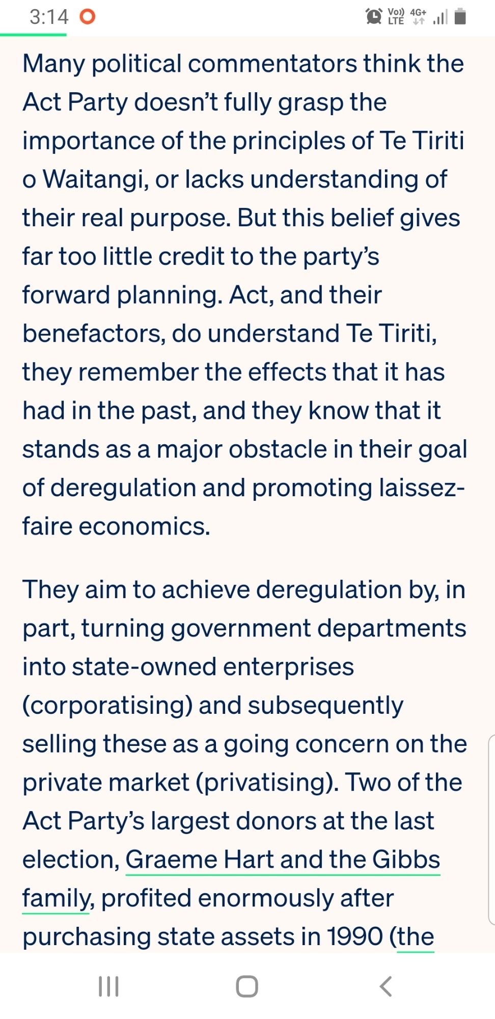 Screenshot from an article in Spinoff about Act's true intentions about Te Tiriti. They want to get rid of it so they can sell off state agencies.