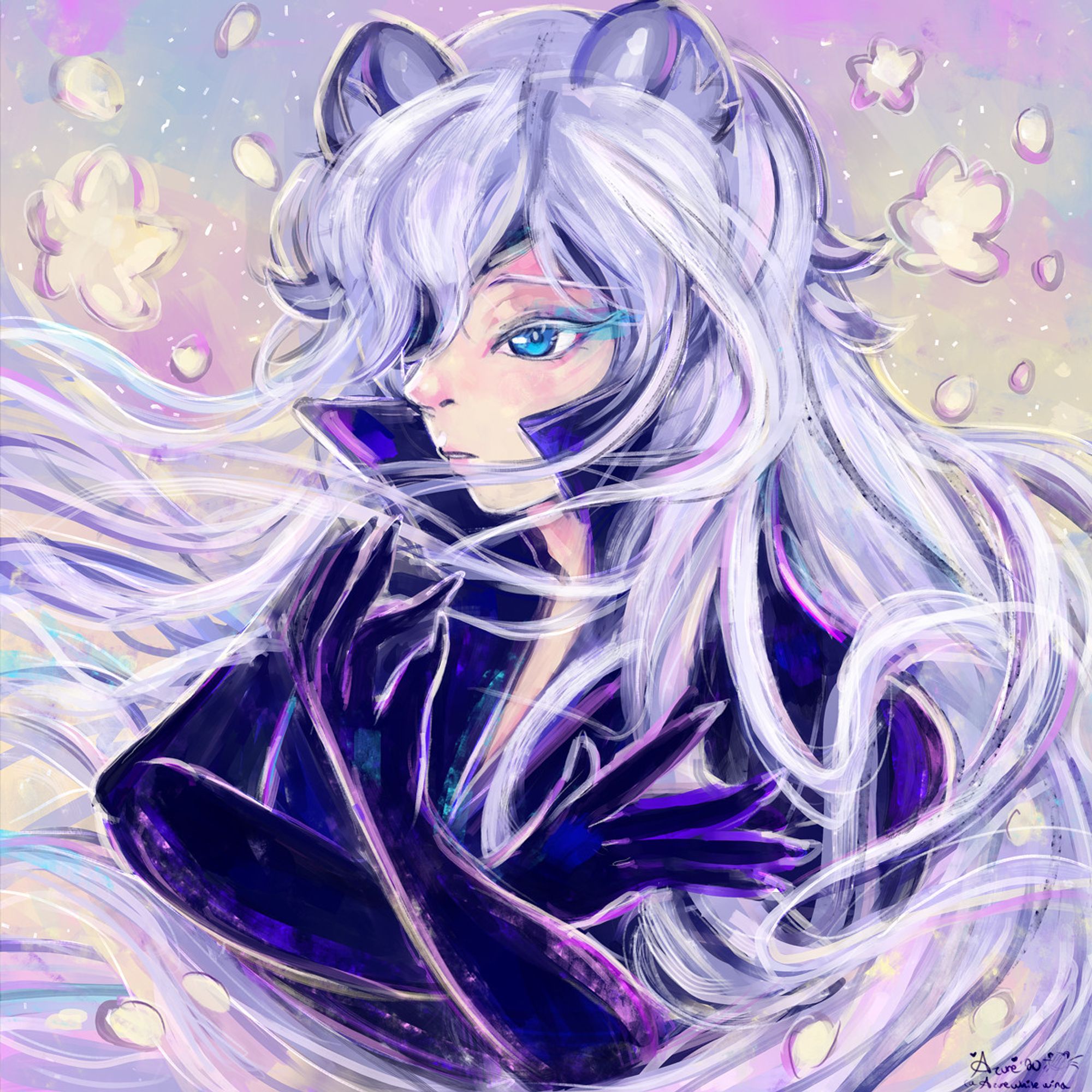 Rai pastel fluff rainbow like painting with Rai wearing a purple and black suit... There's white cherry flowers in the background as well blowing in the wind. I feel like I was lazy lol. It's just easy to draw/paint him this way without using a reference... X^D