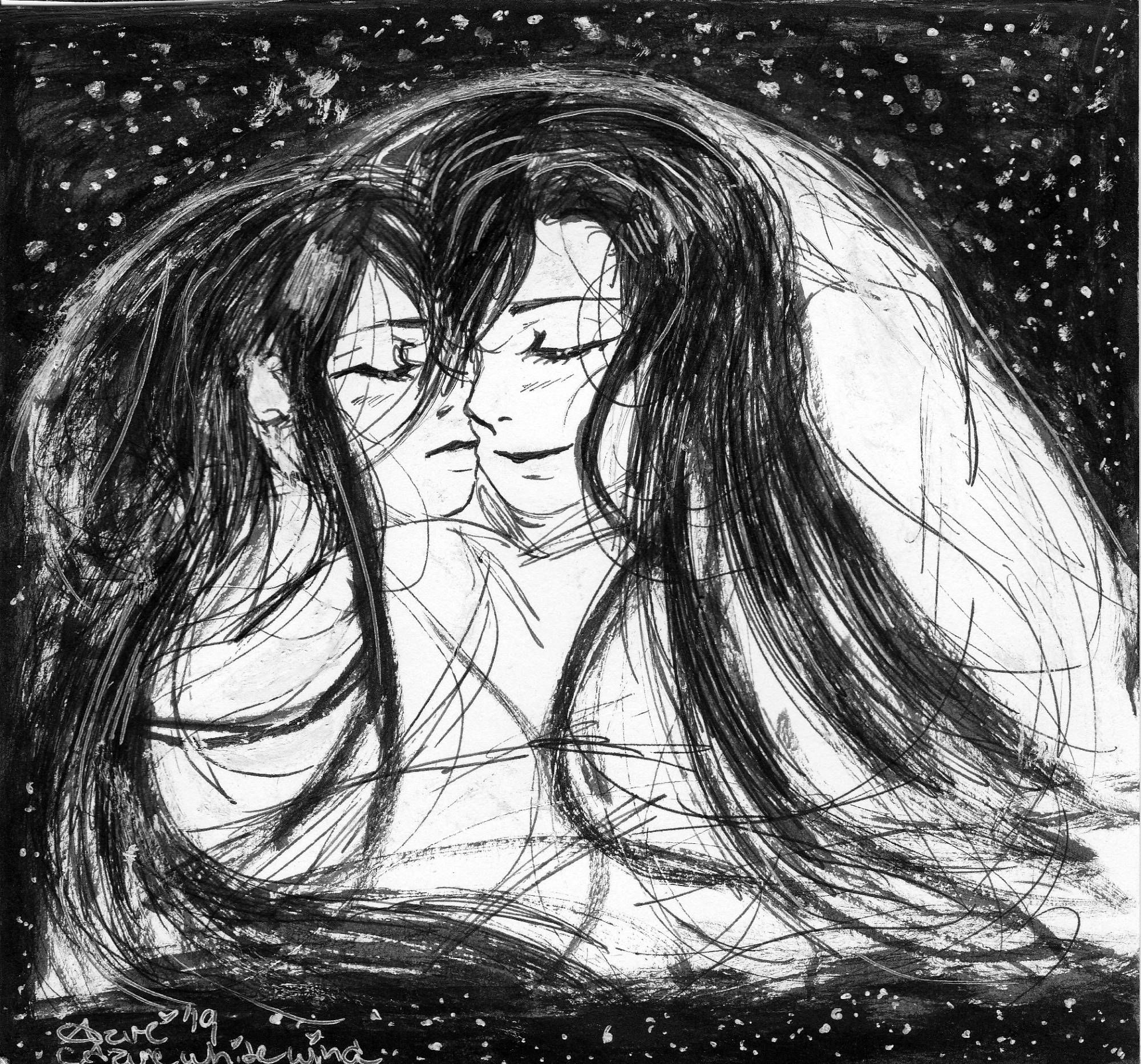 A heart warming Wangxian embracing in winter while snowing. I really love the way I've drawn and inked this. I can start to see my inking improving and this reminds me to continue working on it. I mean, I love coloring, but black and white drawings have a special place in my heart. ;;o;; <3