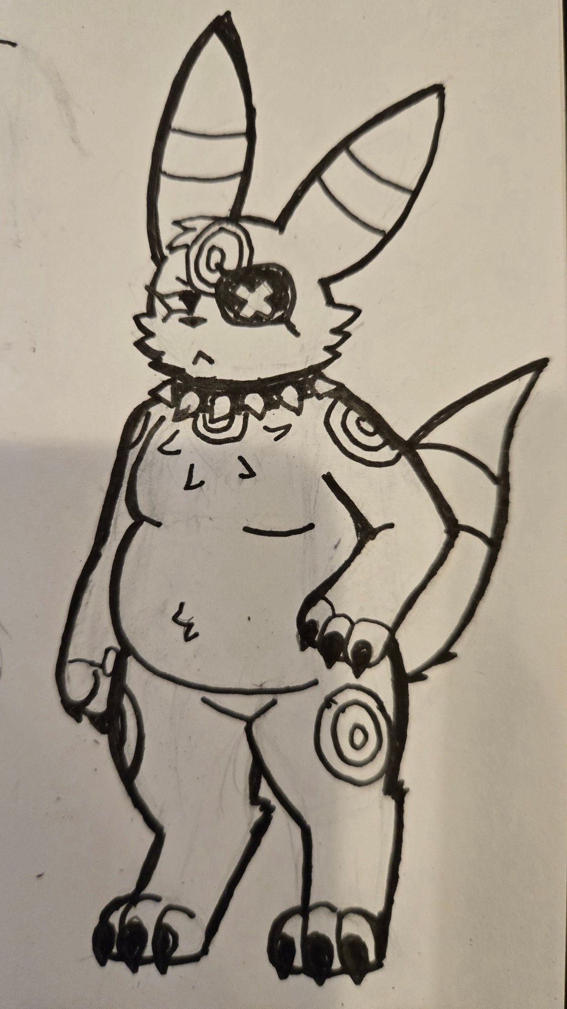 A traditional doodle of a fat anthro Umbreon man. He has a grumpy expression.