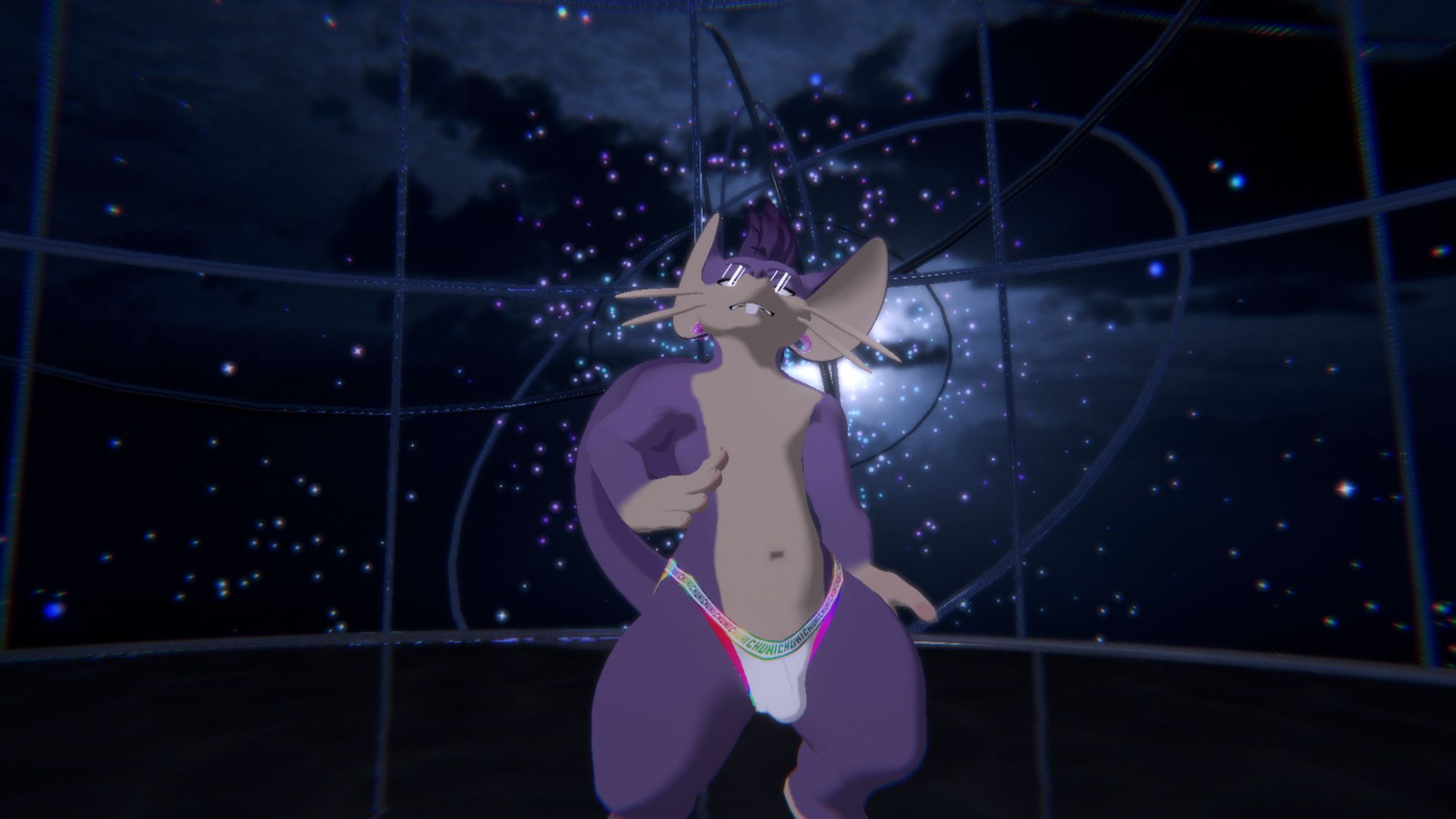 Purple ratboy looks smug and is wearing a jockstrap