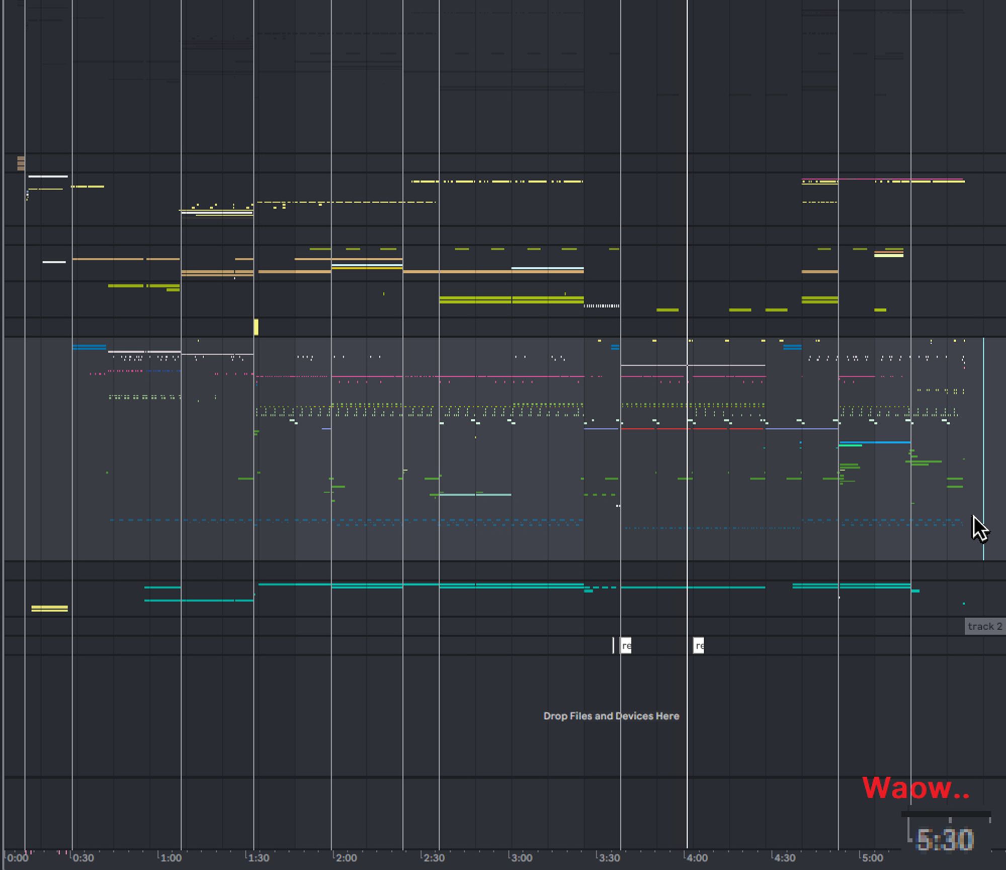 screenshot de um projeto meu do ableton com zoom na marca de 5:30 min e um texto em cima dizendo "Waow..."