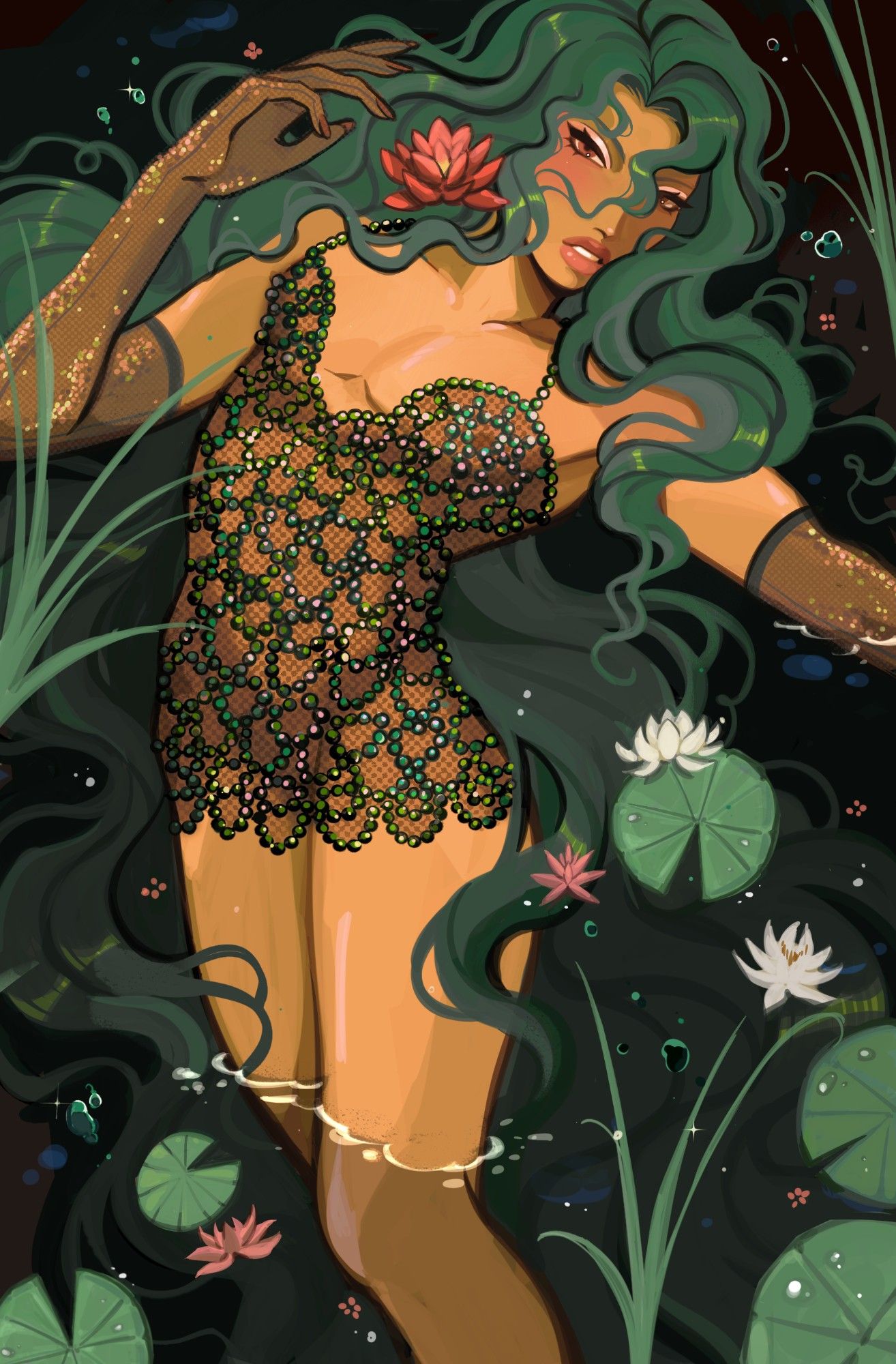 the background is a pond with a deep green color palette, there lays a person with long green hair, gloves and a sequin dress, water lilies and other plants frame the pose