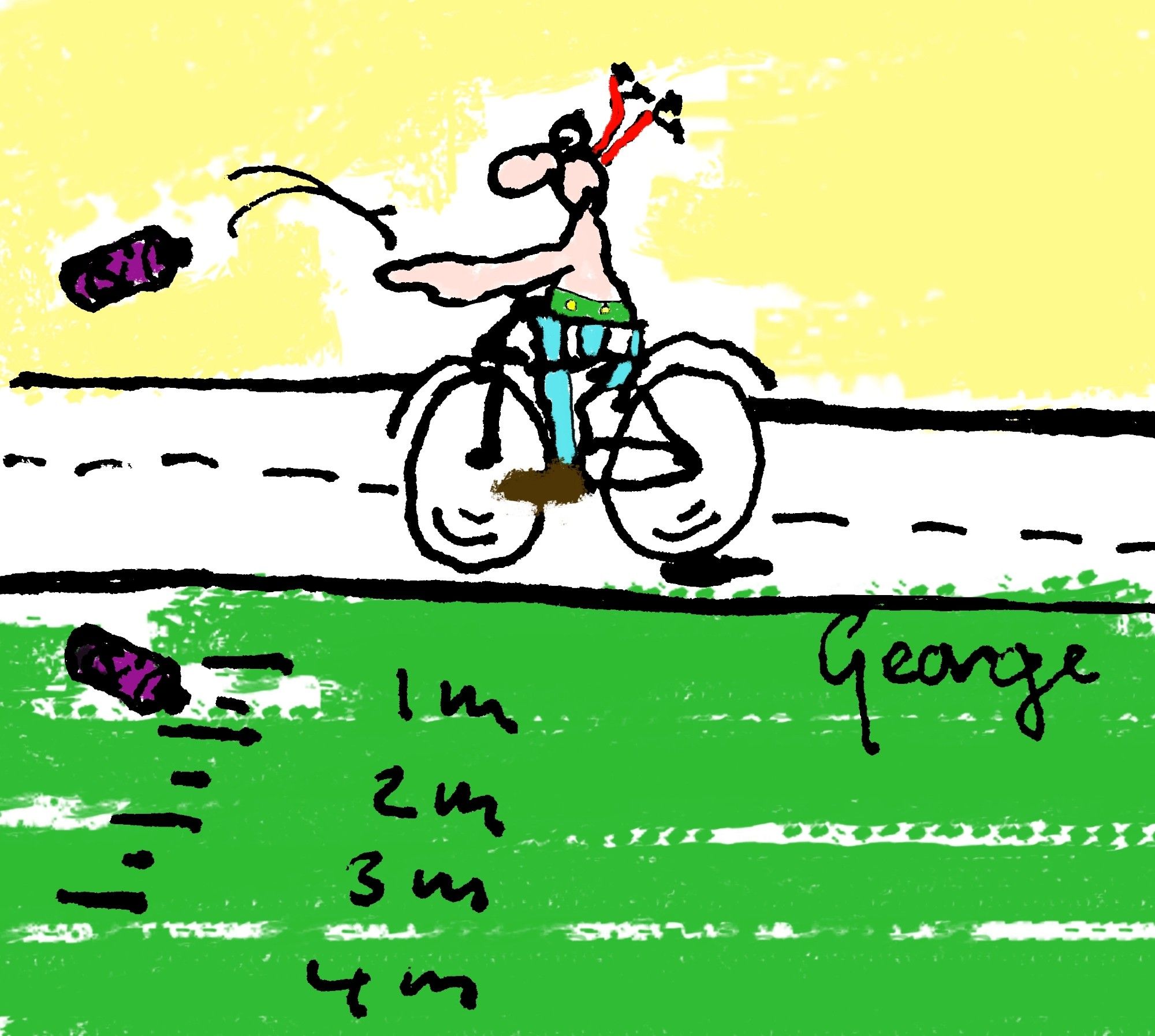 Nld
Ingekleurde rollerballtekening. Een cartoon van een wielrenner eruit ziende als Obelix werpt een bidon. Aan de zijkant van de weg ligt reeds een bidon bij afstandsmarkeringen.

Eng
Coloured rollerball drawing. A cartoon of a cyclist looking like Obelix throws a water bottle. A water bottle is already on the side of the road at distance markers.