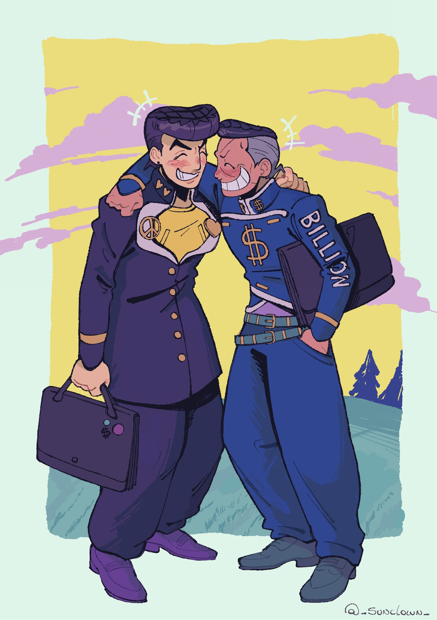 Drawing of josuke and okuyasu from diamond is unbreakable. Theyre on their school uniforms, facing eachother while holding the other by the shoulders, both snickering at some internal joke, the morioh fields on the background