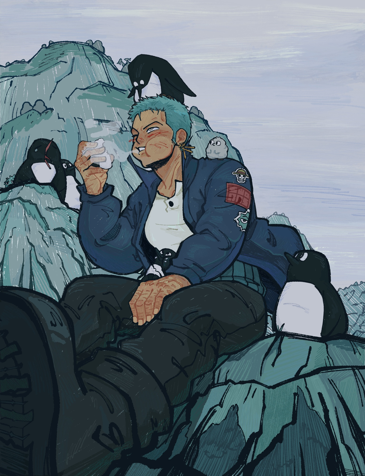 Drawing of zoro from one piece sitting on an rocky icy scenery surrounded by penguins in reference of ending 14. He is wearing a blue jacket with patches on its arms (the sh jolly roger, a red patch that reads “sword”, and one with a marimo shape) and his classic white shirt under it. On his shoulder he has a little penguing chick thats staring at the onigiri he has on his hand which he’s eating, making his cheeks puffy. He is looking up with one eye while the other is closed, staring at the penguin thats resting at the top of his head whos looking at him back. There are also a penguin at his side and one between his legs, staring at him whole holding an onigiri as well. On the rocks at his right there are more penguins chilling and getting lost in the background