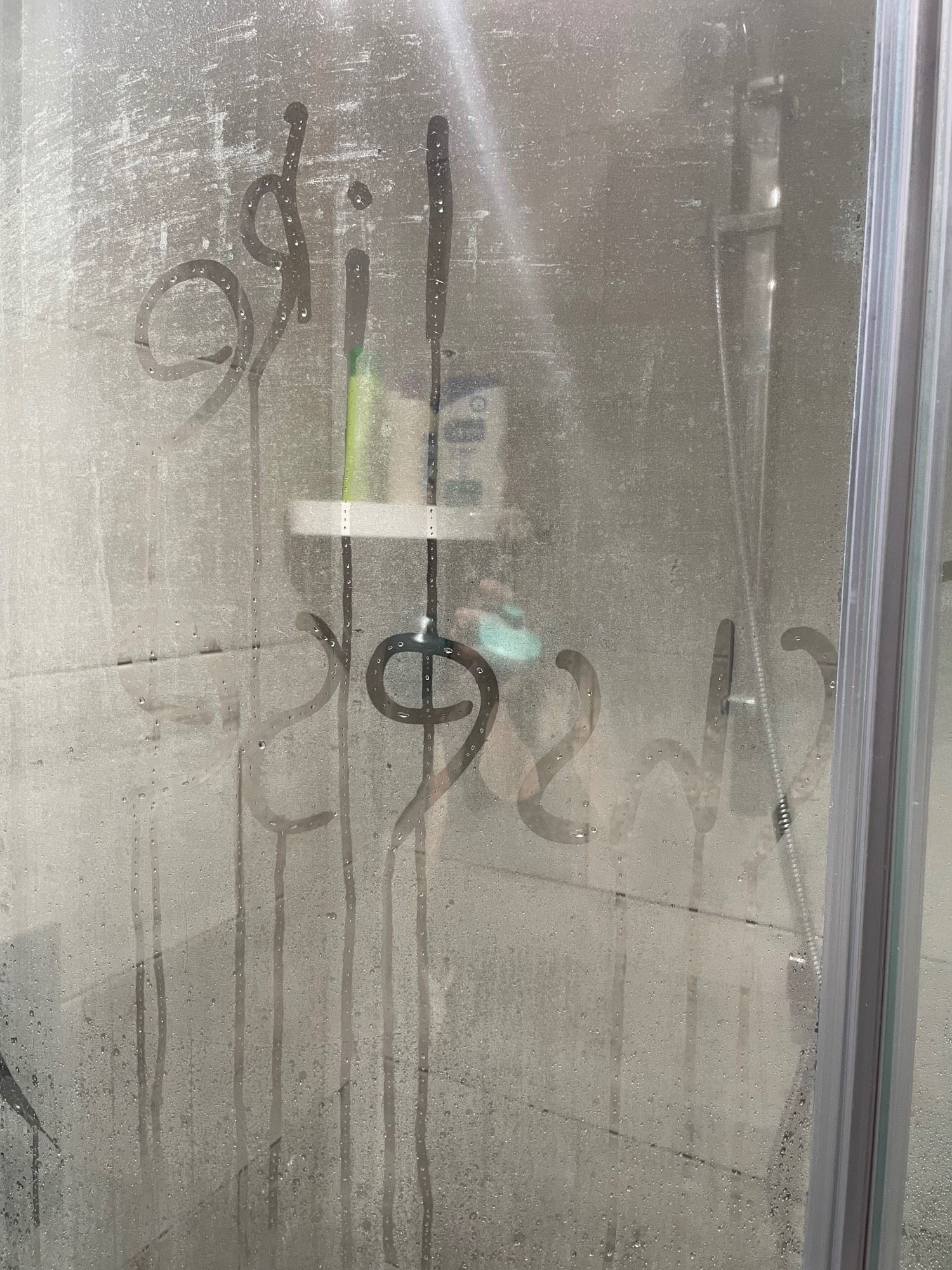 Misty Shower screen with “like cheese” written on it