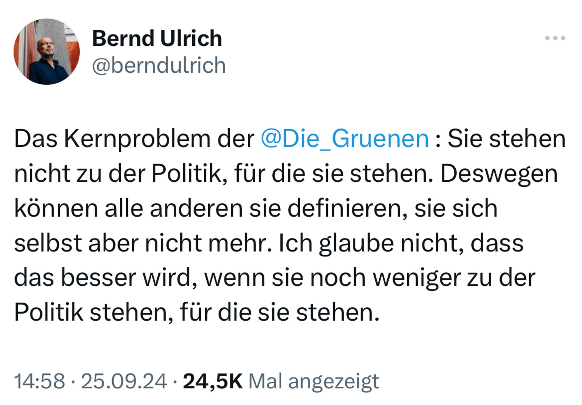 Das Kernproblem der @Die_Gruenen : Sie stehen nicht zu der Politik, für die sie stehen. Deswegen können alle anderen sie definieren, sie sich selbst aber nicht mehr. Ich glaube nicht, dass das besser wird, wenn sie noch weniger zu der Politik stehen, für die sie stehen.